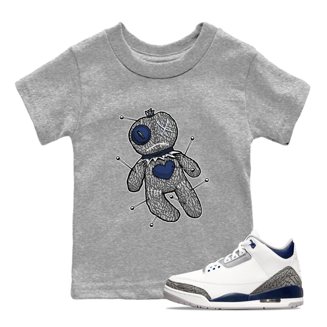 AJ3 Midnight Navy shirt to match jordans Voodoo Doll sneaker tees 3s Midnight Navy SNRT sneaker release tees baby toddler Heather Grey 1 cotton sneaker tee