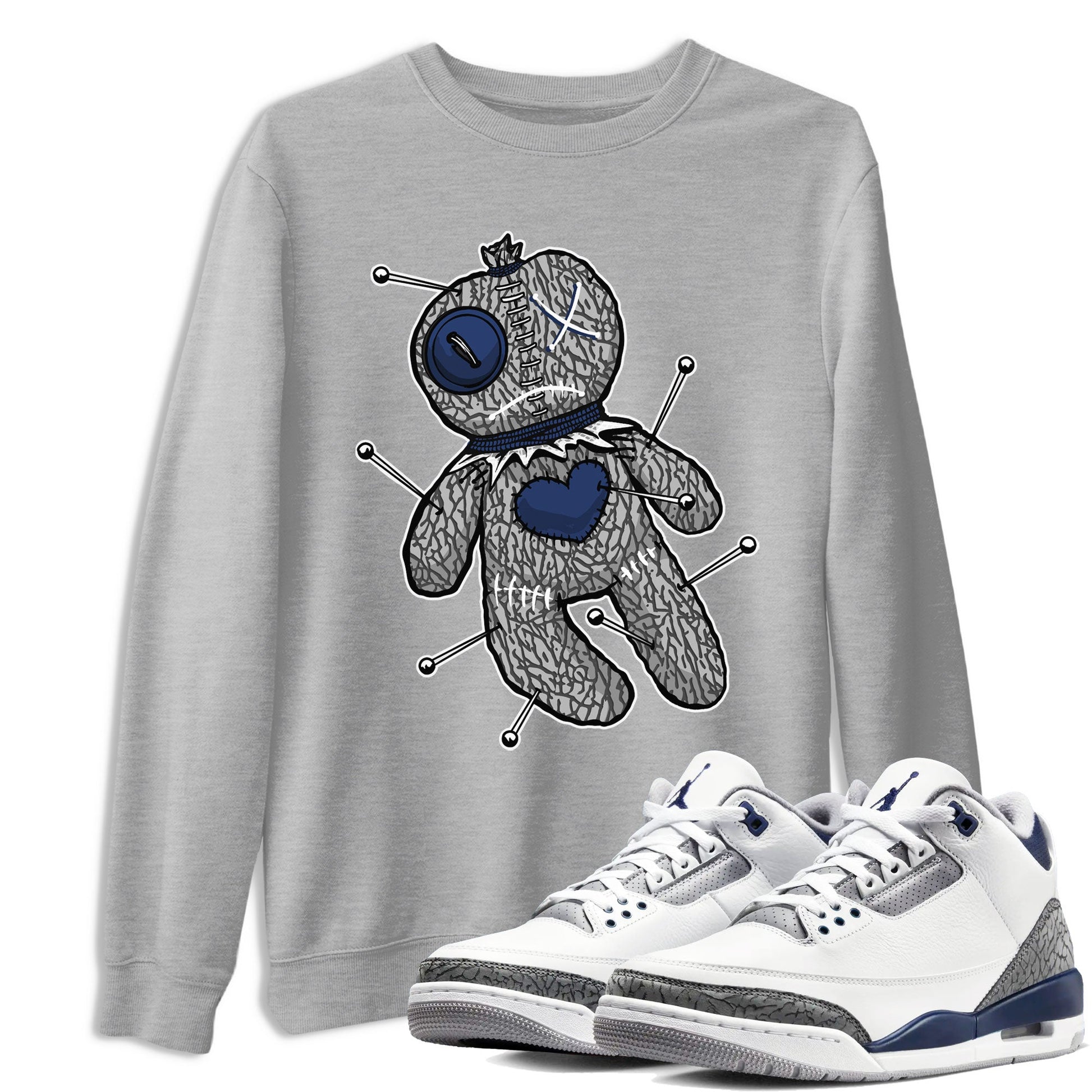 AJ3 Midnight Navy shirt to match jordans Voodoo Doll sneaker tees 3s Midnight Navy SNRT sneaker release Tees unisex cotton Heather Grey 1 crew neck shirt