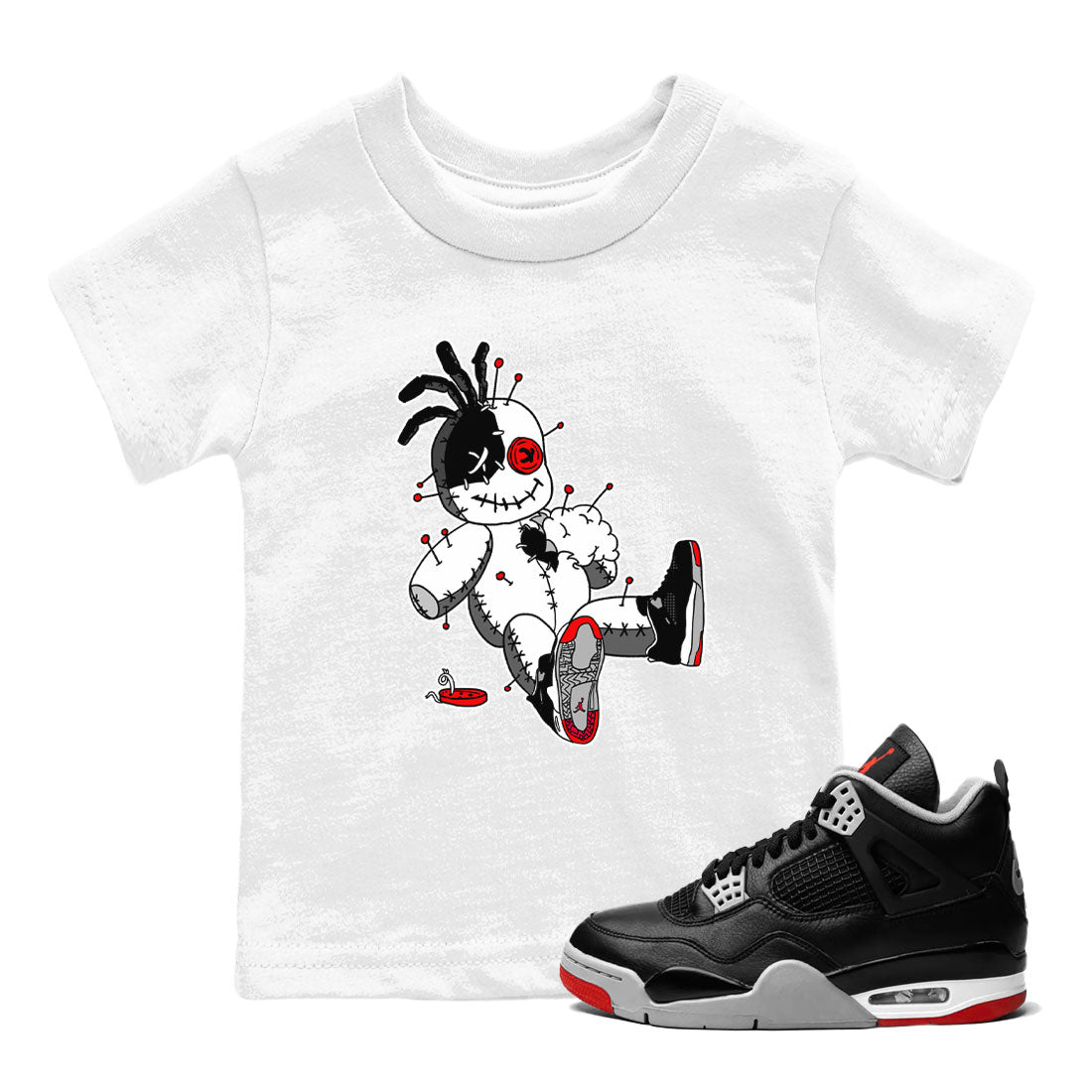 AJ4 Retro Bred Reimagined shirt to match jordans Voodoo Doll sneaker tees Air Jordan 4 Retro Bred Reimagined SNRT sneaker release tees baby toddler White 1 cotton Shirt
