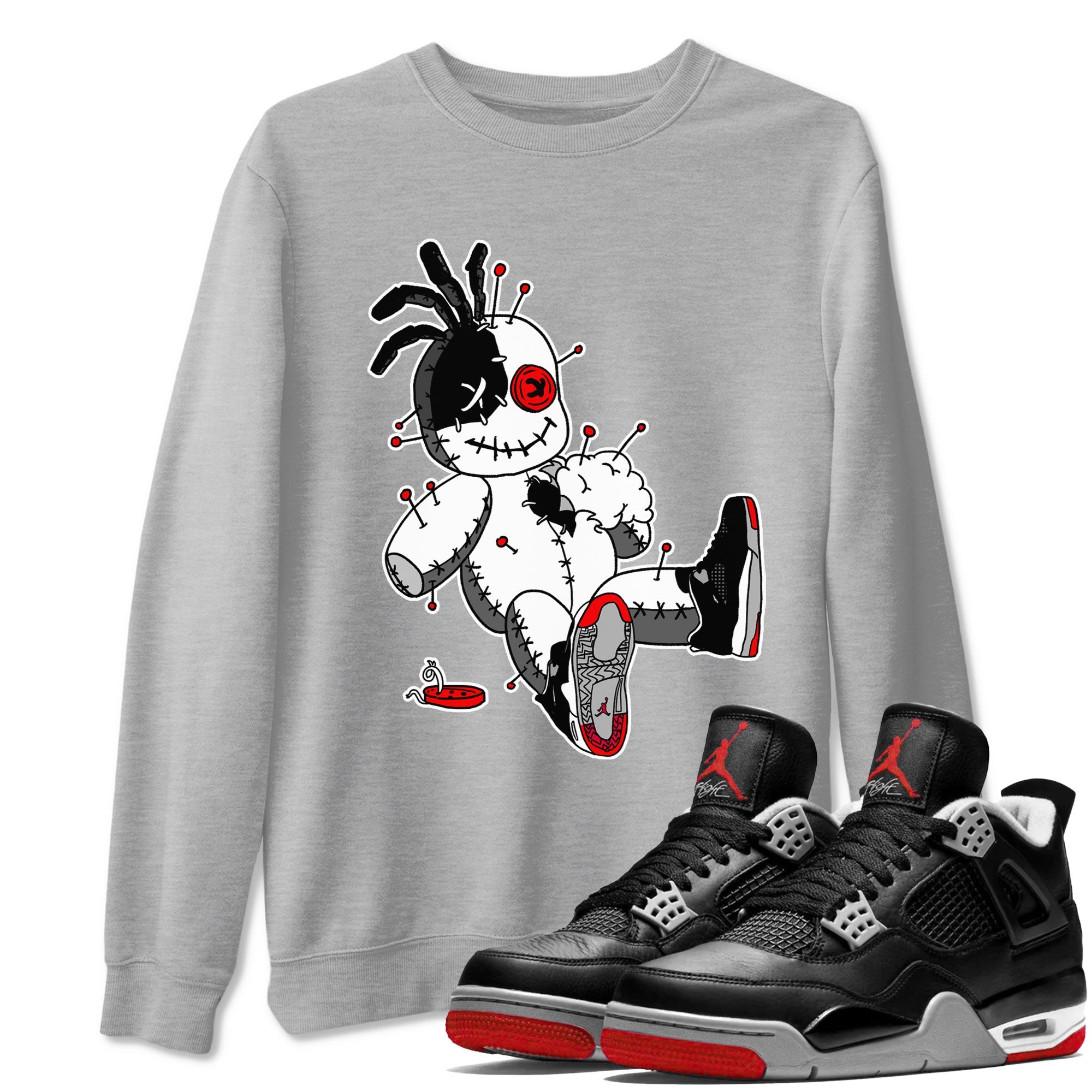 AJ4 Retro Bred Reimagined shirt to match jordans Voodoo Doll sneaker tees Air Jordan 4 Retro Bred Reimagined SNRT sneaker release Tees unisex cotton Heather Grey 1 crew neck shirt