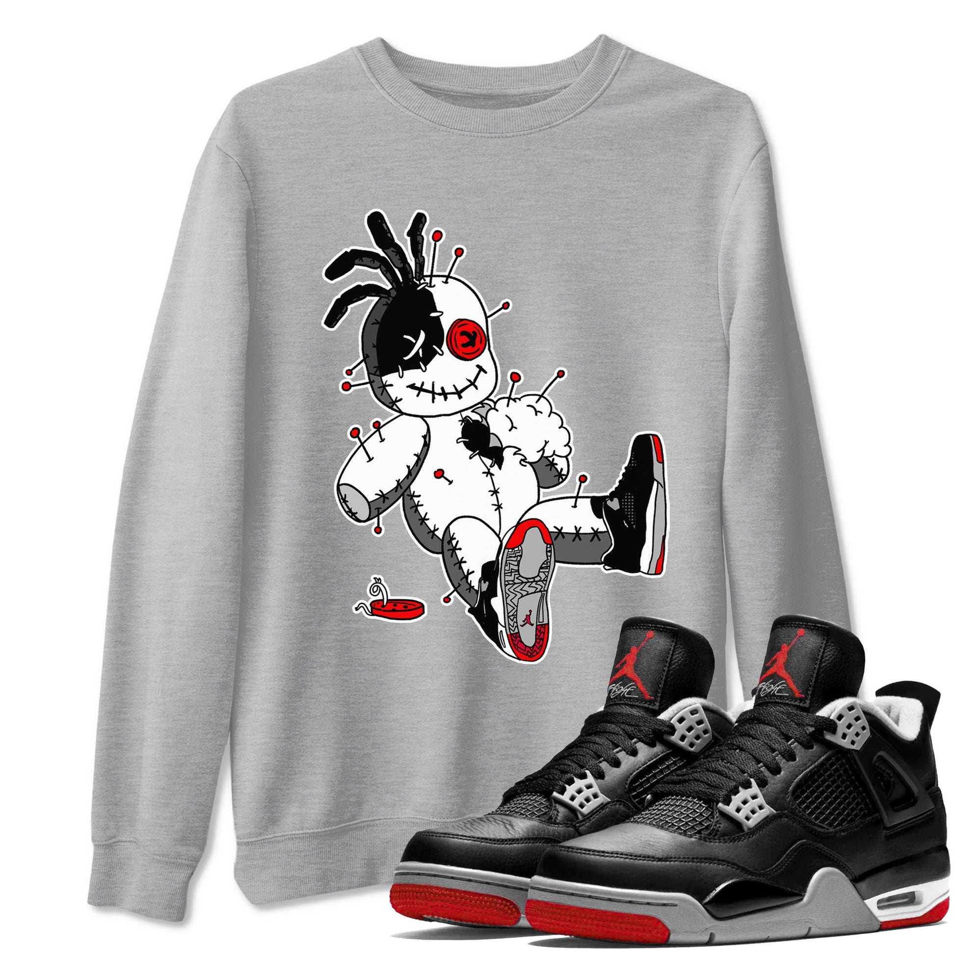 AJ4 Retro Bred Reimagined shirt to match jordans Voodoo Doll sneaker tees Air Jordan 4 Retro Bred Reimagined SNRT sneaker release Tees unisex cotton Heather Grey 1 crew neck shirt