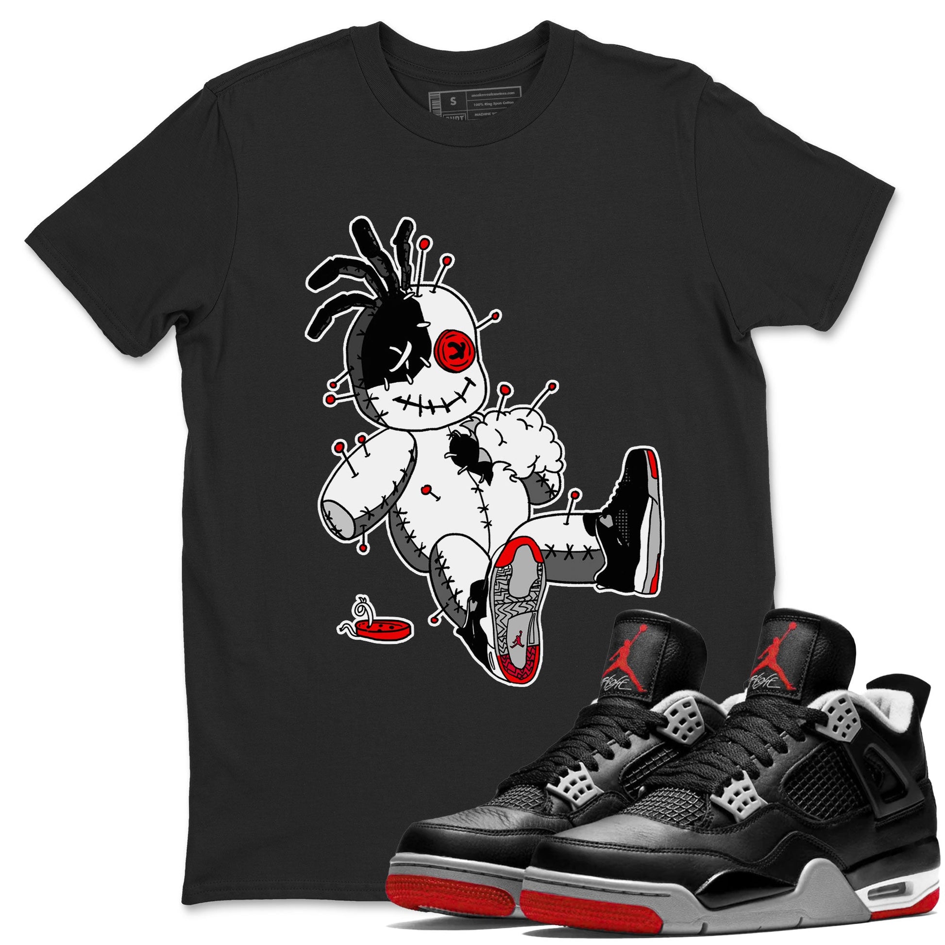 AJ4 Retro Bred Reimagined shirt to match jordans Voodoo Doll sneaker tees Air Jordan 4 Retro Bred Reimagined SNRT sneaker release Tees unisex cotton Black 1 crew neck shirt