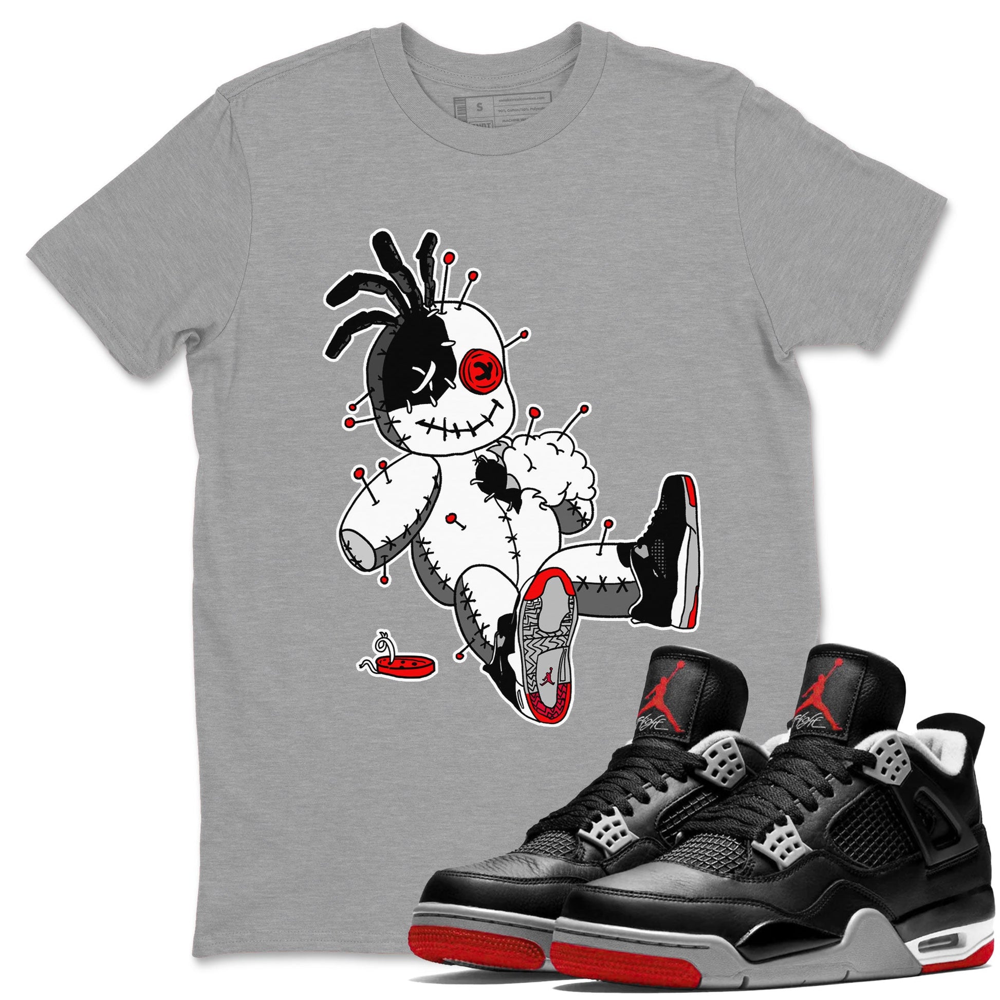 AJ4 Retro Bred Reimagined shirt to match jordans Voodoo Doll sneaker tees Air Jordan 4 Retro Bred Reimagined SNRT sneaker release Tees unisex cotton Heather Grey 1 crew neck shirt