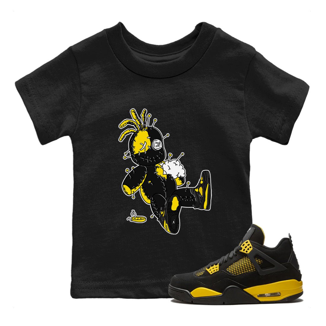 Air Jordan 4 Thunder unique Halloween sneaker tee Voodoo Doll Sneaker Tees Air Jordan 4 Retro Thunder Sneaker Release Tees Kids Shirts Black 1