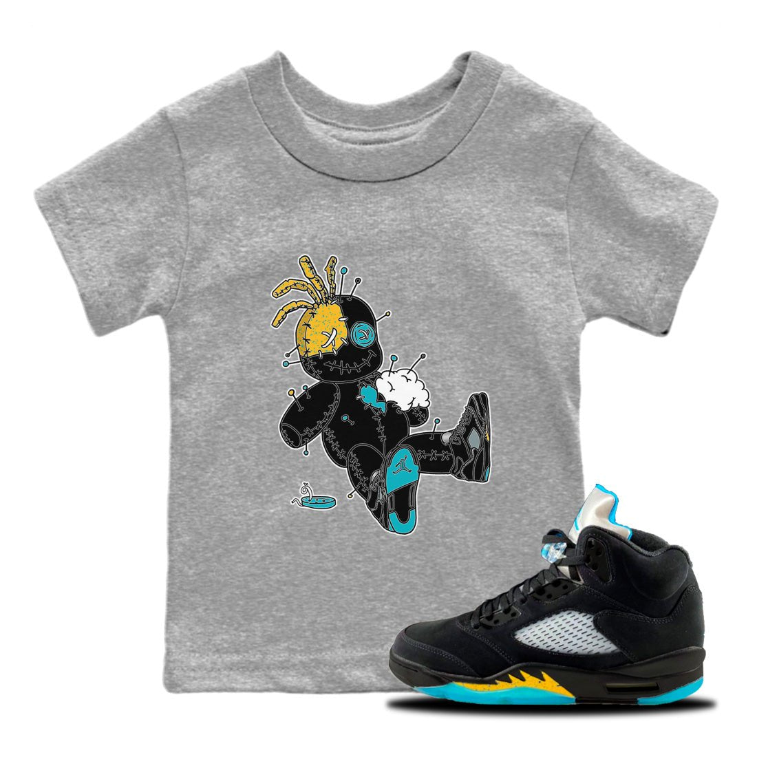 Jordan 5 Aqua unique Halloween sneaker tee Voodoo Doll Sneaker Tees Jordan 5 Aqua Sneaker Release Tees Kids Shirts
