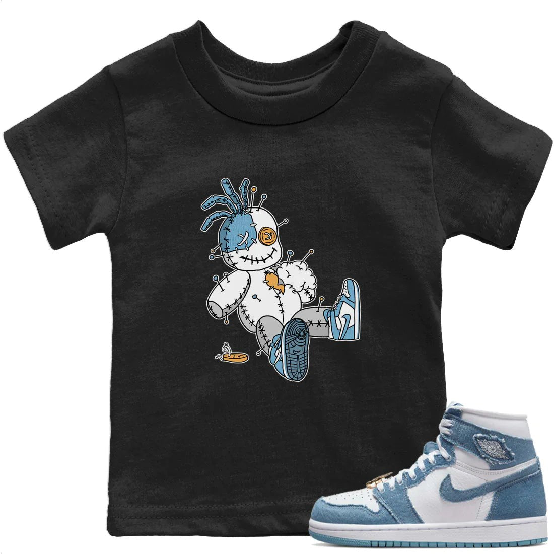 Jordan 1 Denim unique Halloween sneaker tee Voodoo Doll Sneaker Tees Jordan 1 Denim Sneaker Release Tees Kids Shirts