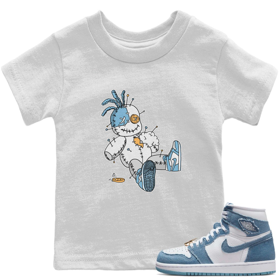 Jordan 1 Denim unique Halloween sneaker tee Voodoo Doll Sneaker Tees Jordan 1 Denim Sneaker Release Tees Kids Shirts