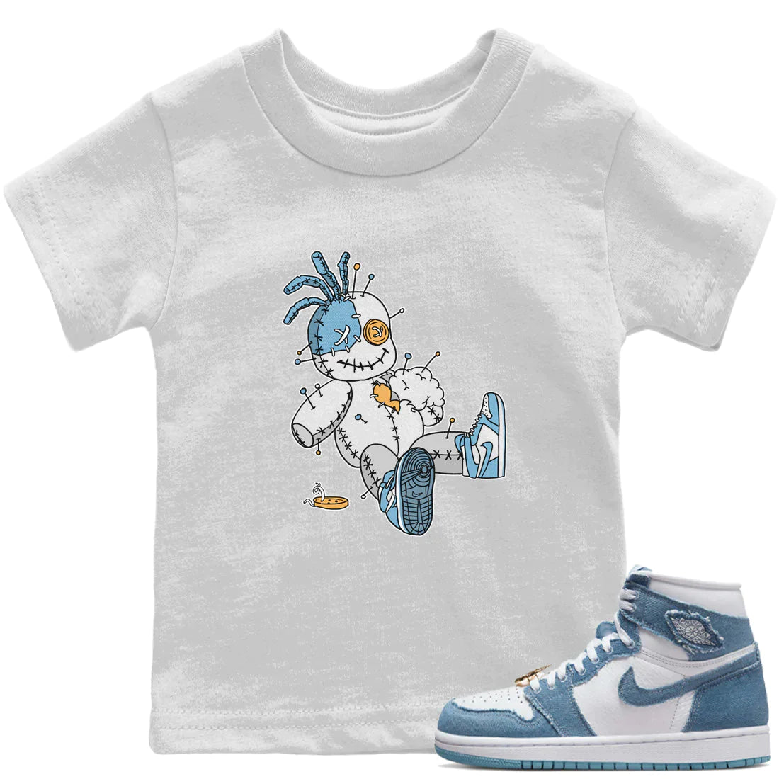 Jordan 1 Denim unique Halloween sneaker tee Voodoo Doll Sneaker Tees Jordan 1 Denim Sneaker Release Tees Kids Shirts