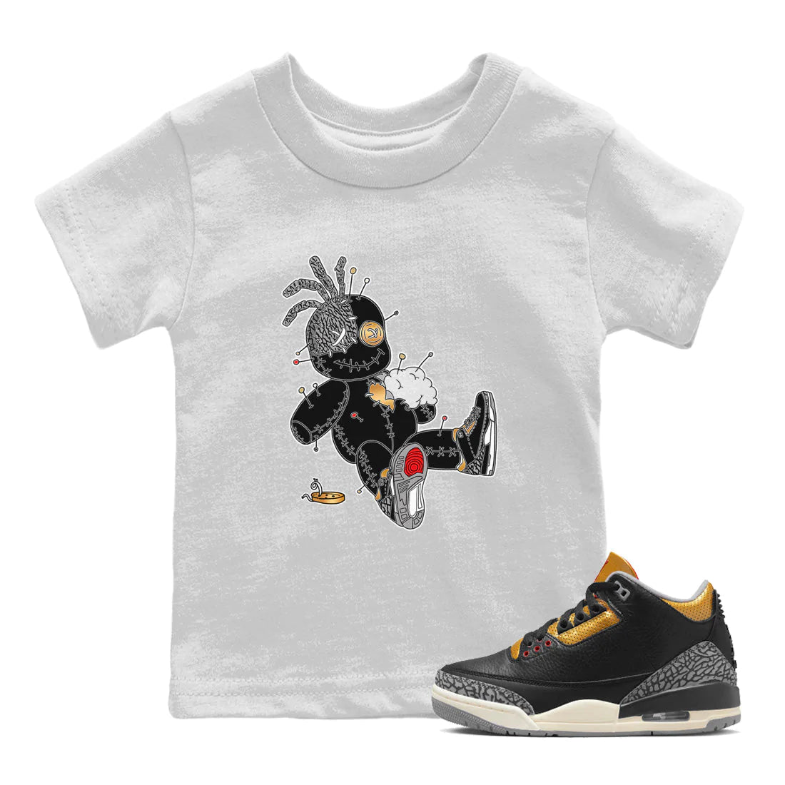 Jordan 3 Black Gold unique Halloween sneaker tee Voodoo Doll Sneaker Tees Jordan 3 Black Gold Sneaker Release Tees Kids Shirts