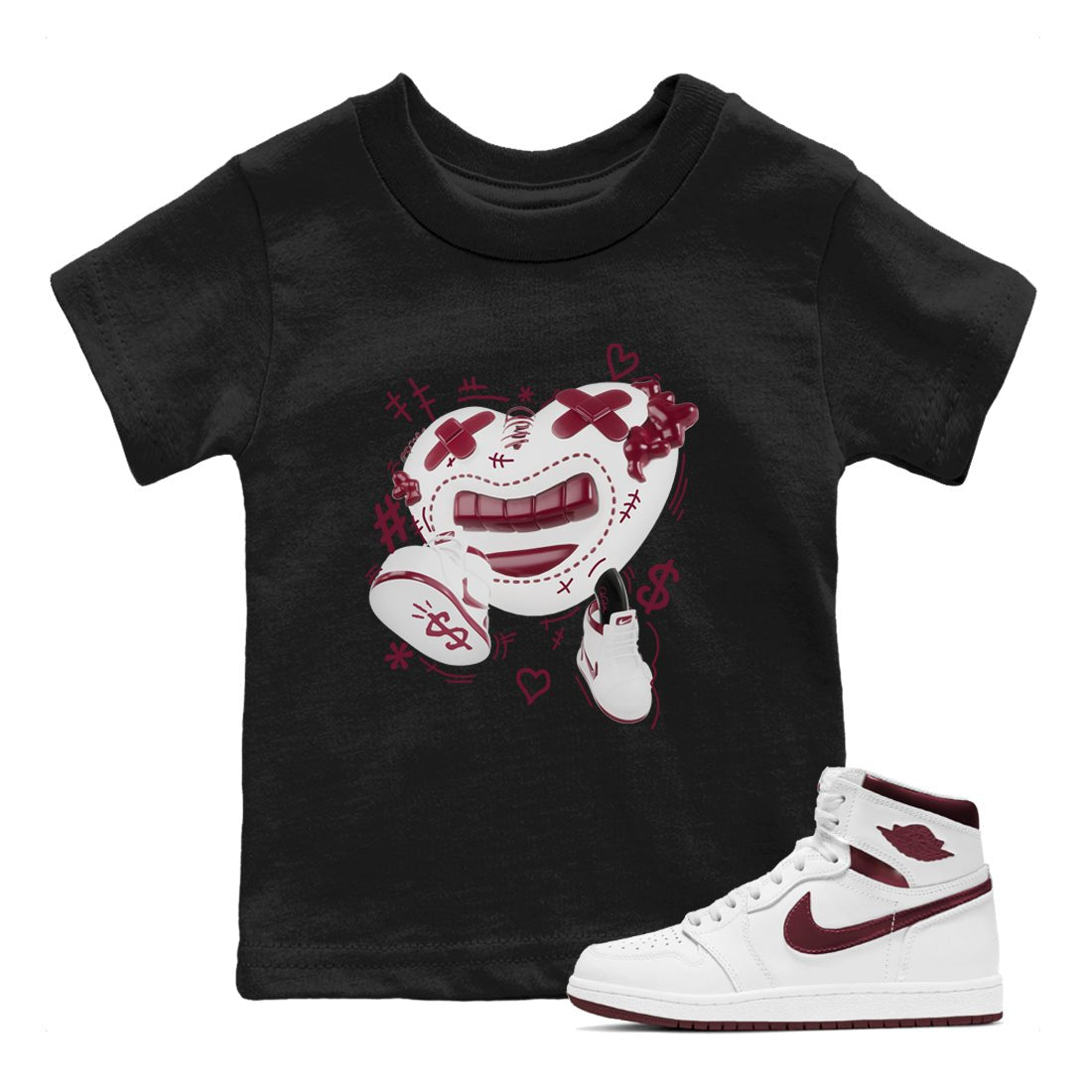 1s Metallic Burgundy shirt to match jordans Walk In Love sneaker tees AJ1 Metallic Burgundy SNRT Sneaker Release Tees Baby Toddler Black 1 T-Shirt