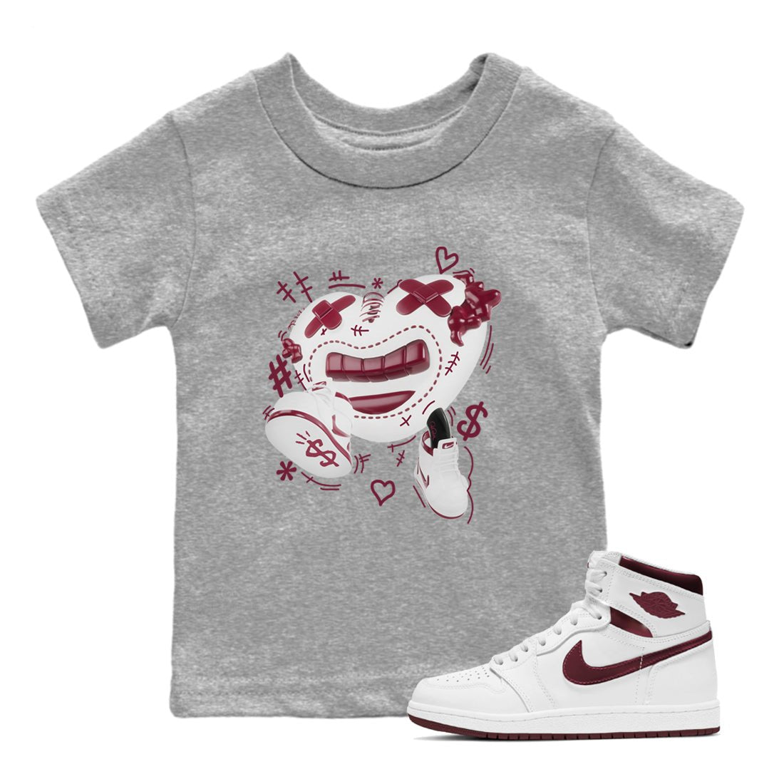 1s Metallic Burgundy shirt to match jordans Walk In Love sneaker tees AJ1 Metallic Burgundy SNRT Sneaker Release Tees Baby Toddler Heather Grey 1 T-Shirt