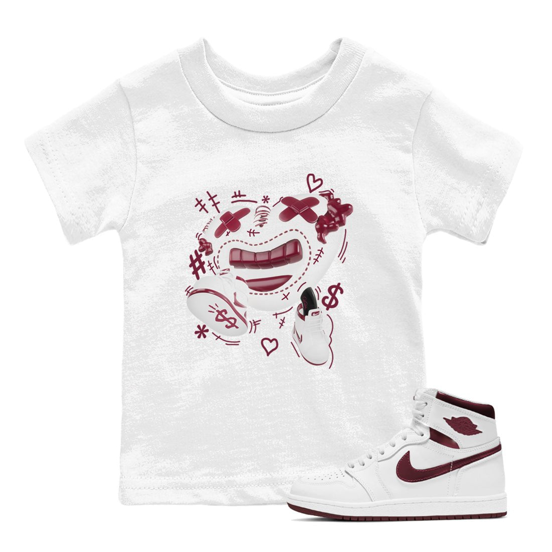 1s Metallic Burgundy shirt to match jordans Walk In Love sneaker tees AJ1 Metallic Burgundy SNRT Sneaker Release Tees Baby Toddler White 1 T-Shirt