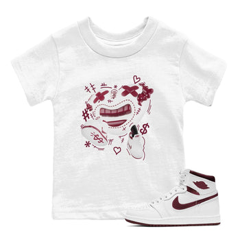 1s Metallic Burgundy shirt to match jordans Walk In Love sneaker tees AJ1 Metallic Burgundy SNRT Sneaker Release Tees Baby Toddler White 1 T-Shirt