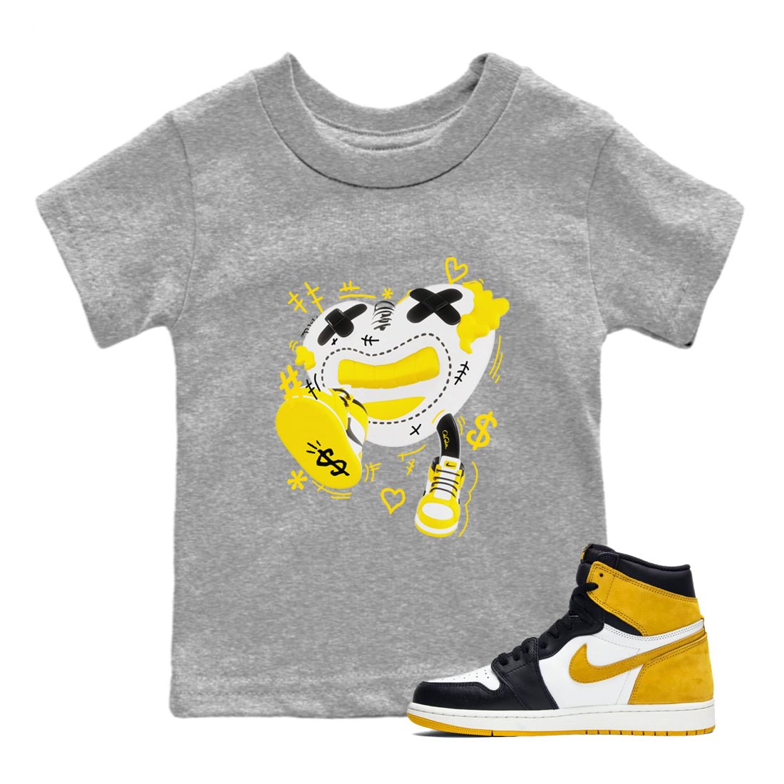 1s Yellow Ochre shirt to match jordans Walk In Love sneaker tees Air Jordan 1 Yellow Ochre SNRT sneaker release tees baby toddler Heather Grey 1 cotton Shirt