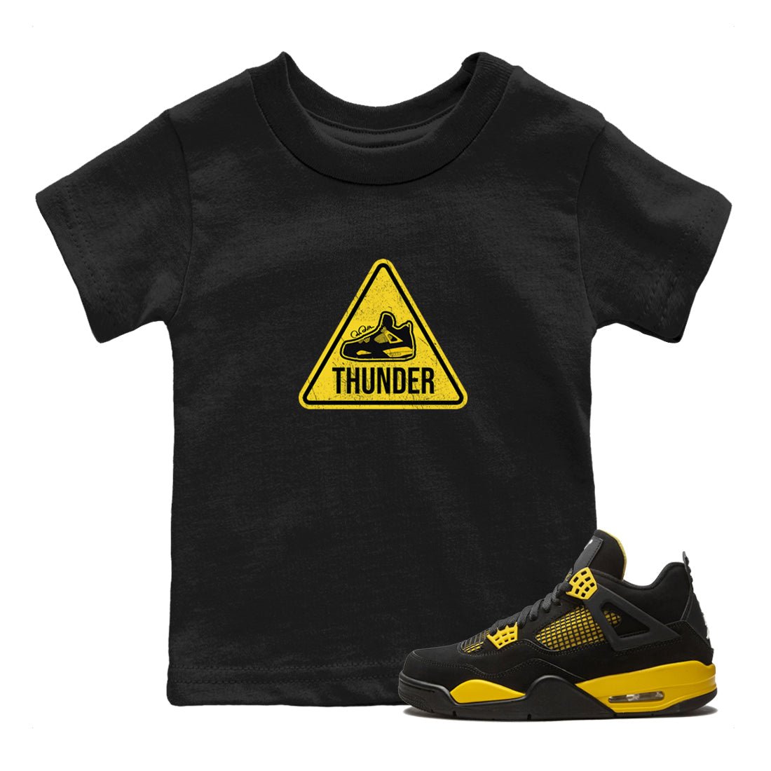 Air Jordan 4 Thunder Sneaker Match Tees Warning Sign Sneaker Tees Yellow AJ4 Thunder Sneaker Release Tees Kids Shirts Black 1