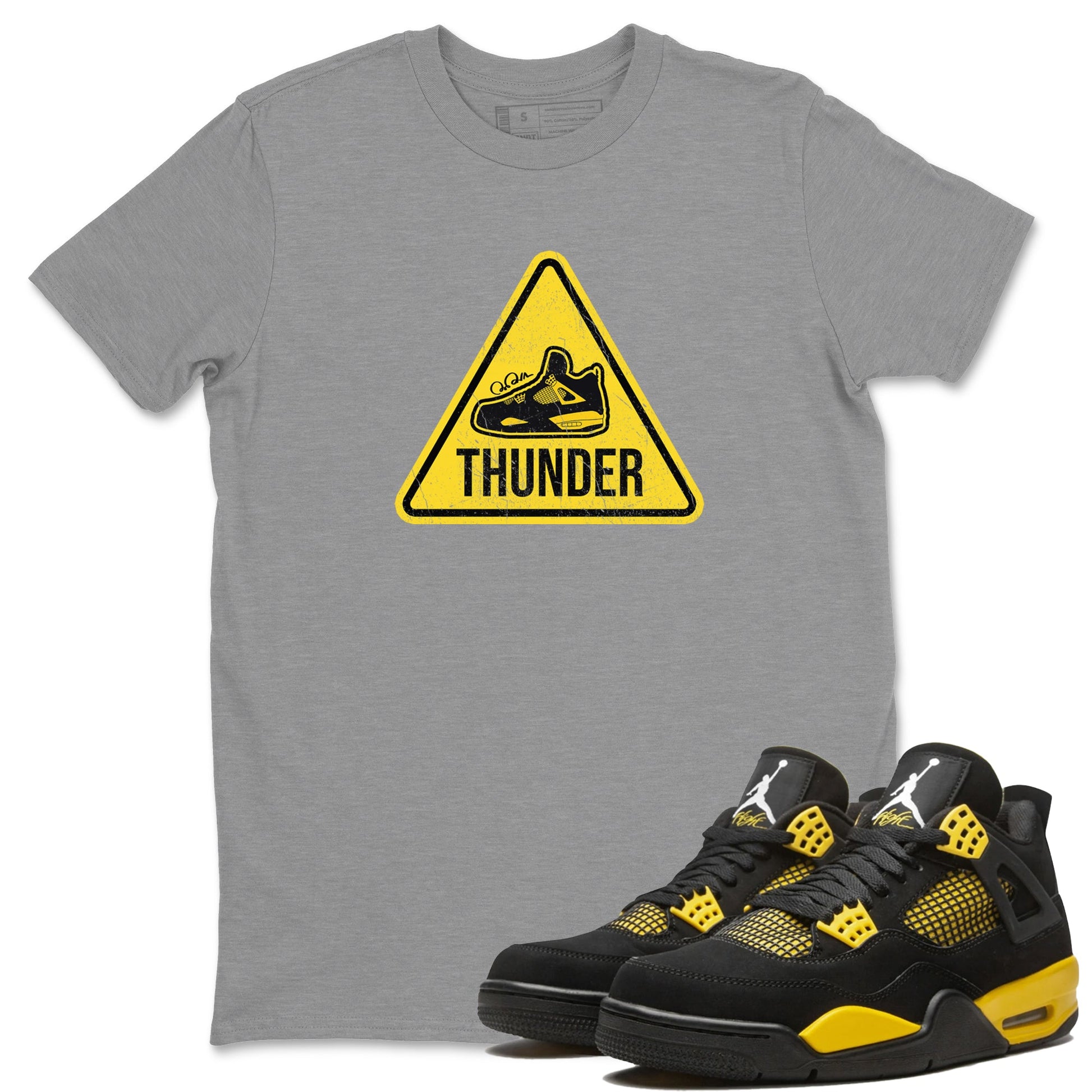 Air Jordan 4 Thunder Sneaker Match Tees Warning Sign Sneaker Tees Yellow AJ4 Thunder Sneaker Release Tees Unisex Shirts Heather Grey 1