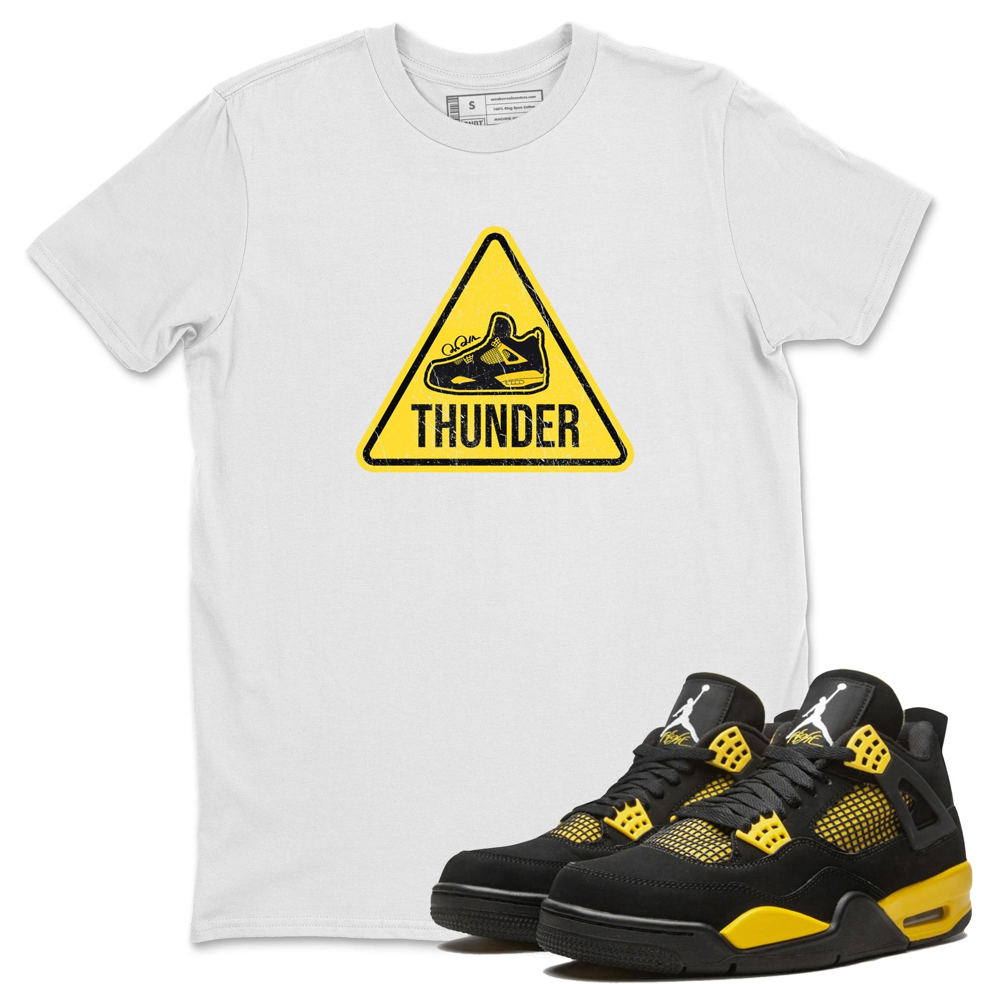 Air Jordan 4 Thunder Sneaker Match Tees Warning Sign Sneaker Tees Yellow AJ4 Thunder Sneaker Release Tees Unisex Shirts White 1