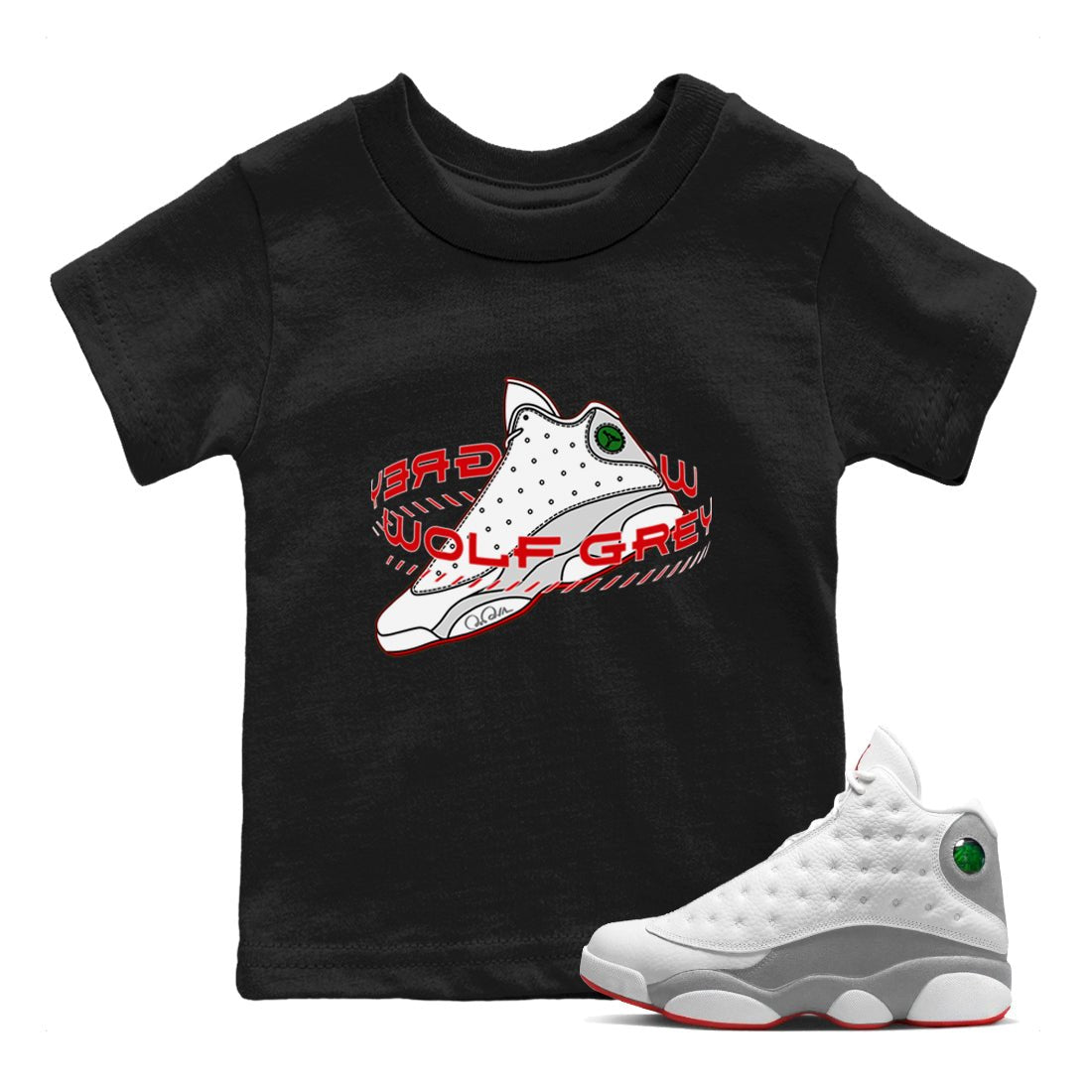 Air Jordan 13 Wolf Grey Sneaker Match Tees Warping Space Sneaker Tees AJ13 Wolf Grey Sneaker Release Tees Kids Shirts Black 1