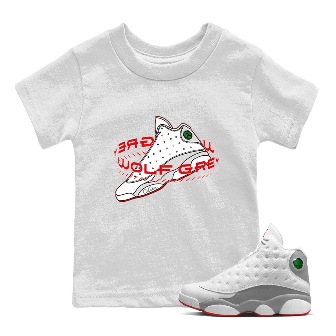Air Jordan 13 Wolf Grey Sneaker Match Tees Warping Space Sneaker Tees AJ13 Wolf Grey Sneaker Release Tees Kids Shirts White 1