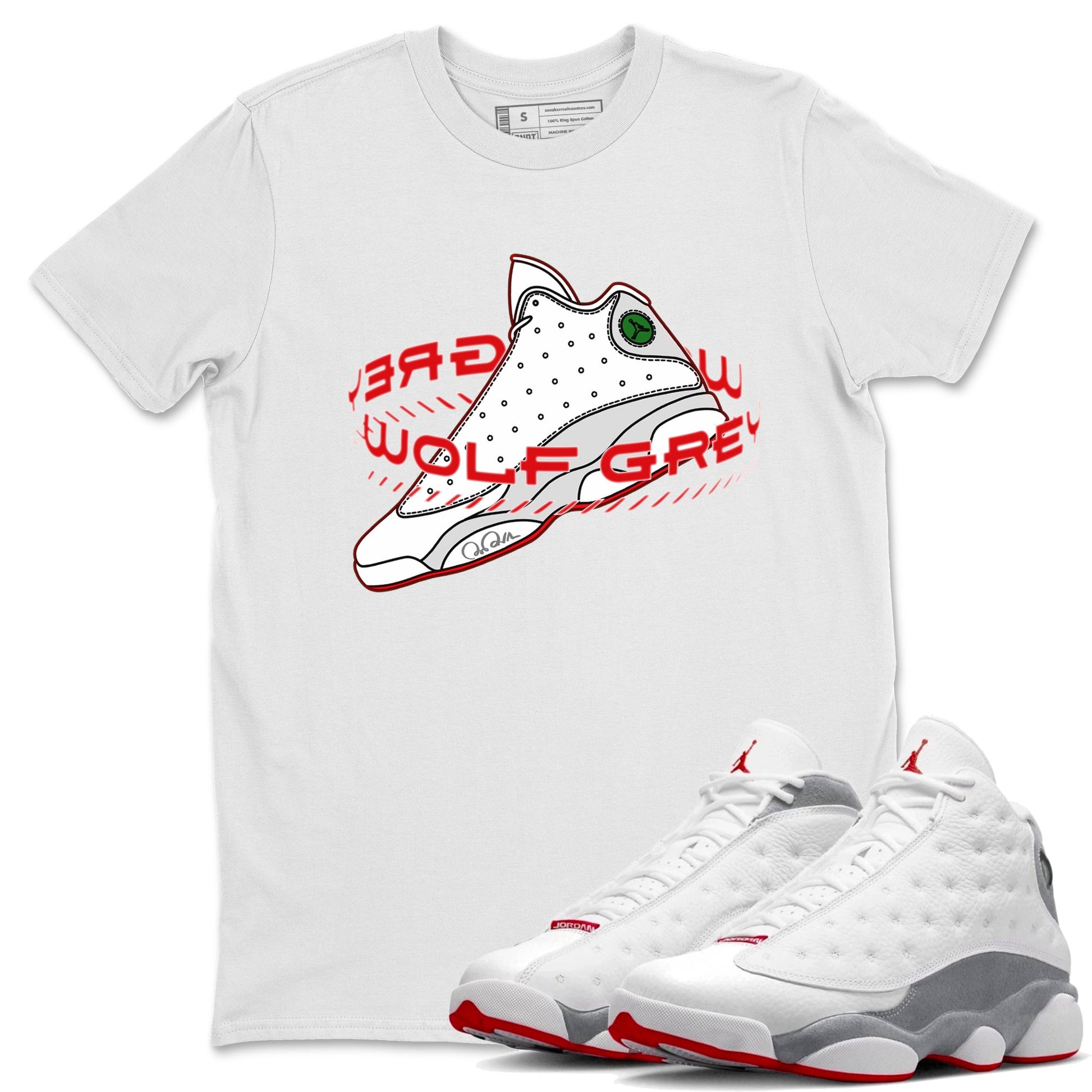 Air Jordan 13 Wolf Grey Sneaker Match Tees Warping Space Sneaker Tees AJ13 Wolf Grey Sneaker Release Tees Unisex Shirts White 1