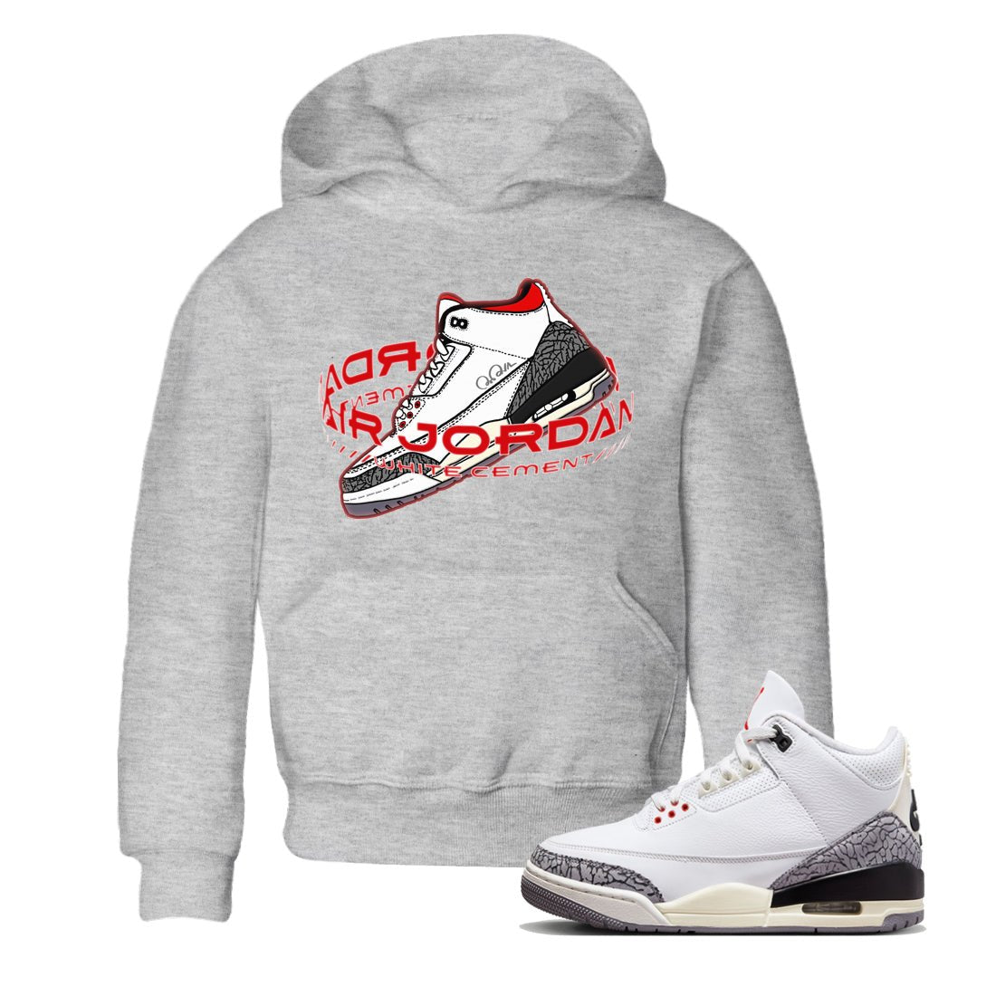 Air Jordan 3 White Cement Sneaker Match Tees Warping Space Sneaker Tees AJ3 White Cement Sneaker Release Tees Kids Shirts Heather Grey 1