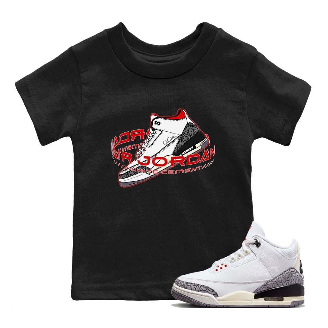 Air Jordan 3 White Cement Sneaker Match Tees Warping Space Sneaker Tees AJ3 White Cement Sneaker Release Tees Kids Shirts Black 1