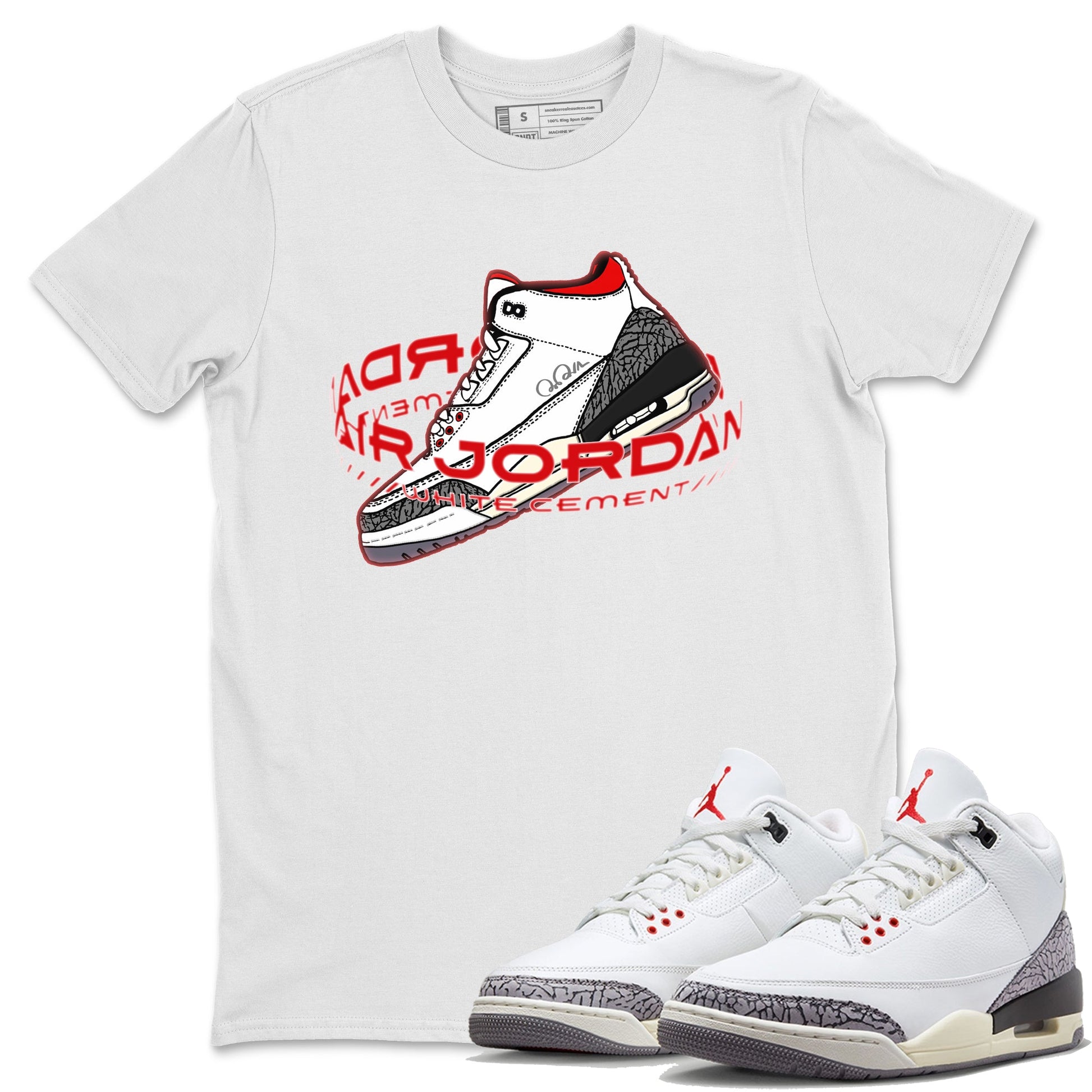 Air Jordan 3 White Cement Sneaker Match Tees Warping Space Sneaker Tees AJ3 White Cement Sneaker Release Tees Unisex Shirts White 1