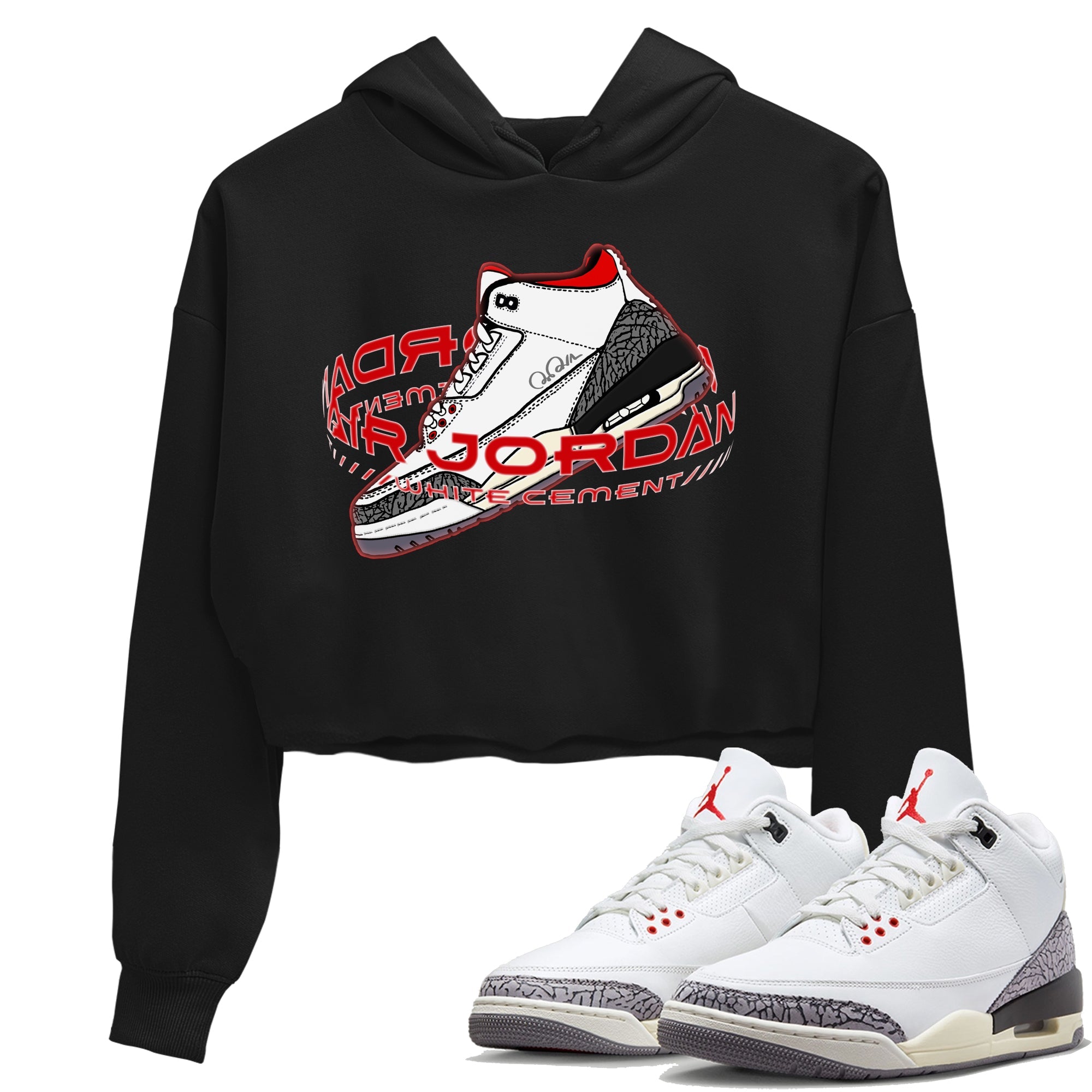 Air Jordan 3 White Cement Sneaker Match Tees Warping Space Sneaker Tees AJ3 White Cement Sneaker Release Tees Women's Shirts Black 1