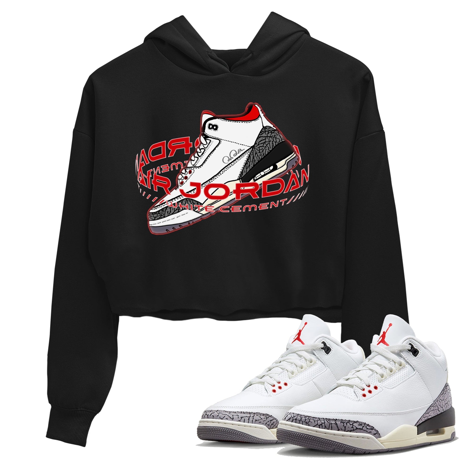 Air Jordan 3 White Cement Sneaker Match Tees Warping Space Sneaker Tees AJ3 White Cement Sneaker Release Tees Women's Shirts Black 1