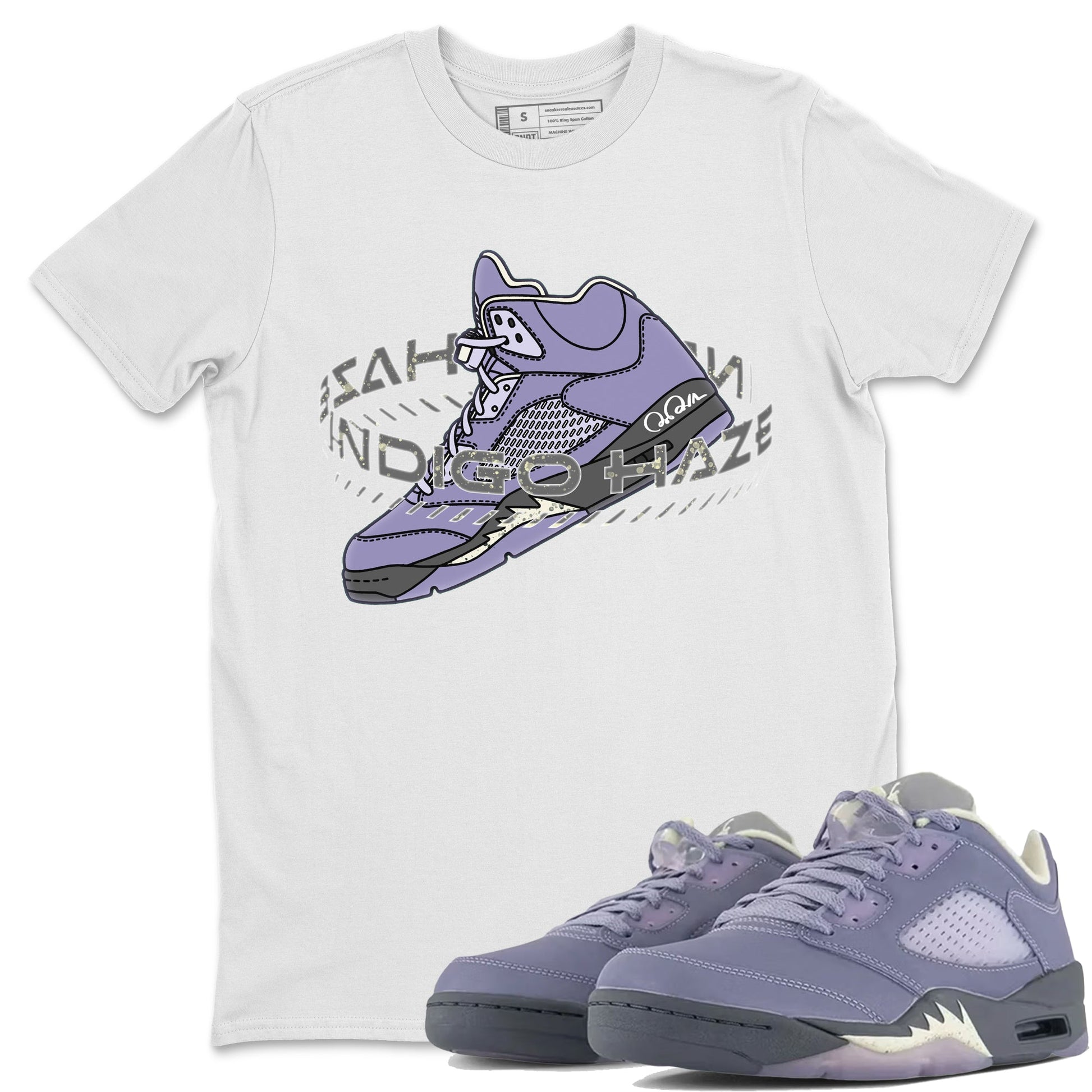 Air Jordan 5 Indigo Haze Sneaker Match Tees Warping Space Sneaker Tees AJ5 Indigo Haze Sneaker Release Tees Unisex Shirts White 1