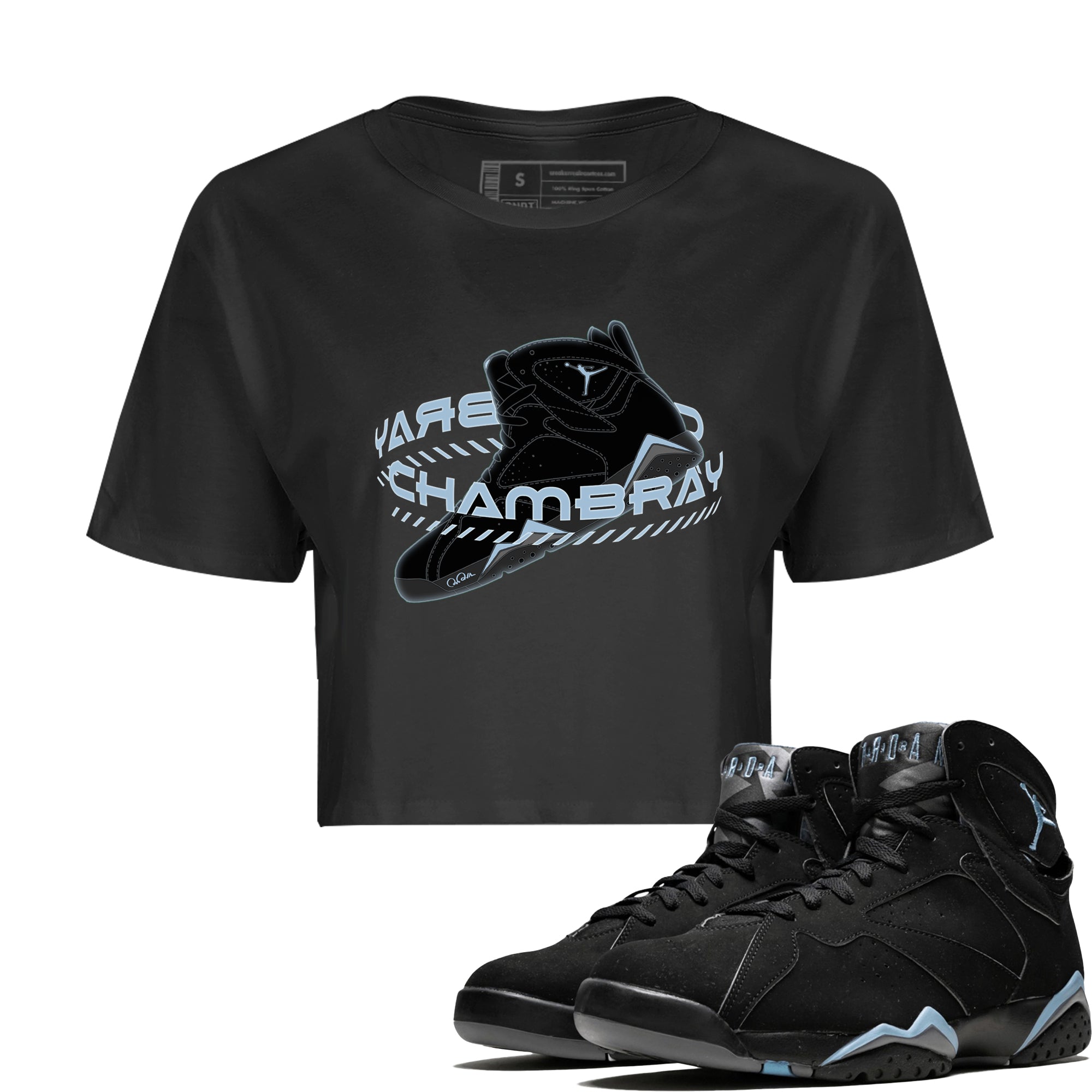 Air Jordan 7 Chambray Sneaker Match Tees Warping Space Sneaker Tees AJ7 Chambray Sneaker Release Tees Women's Shirts Black 1
