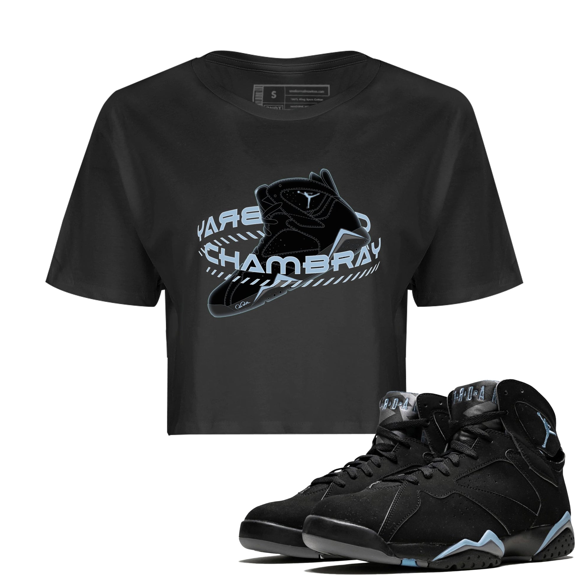 Air Jordan 7 Chambray Sneaker Match Tees Warping Space Sneaker Tees AJ7 Chambray Sneaker Release Tees Women's Shirts Black 1
