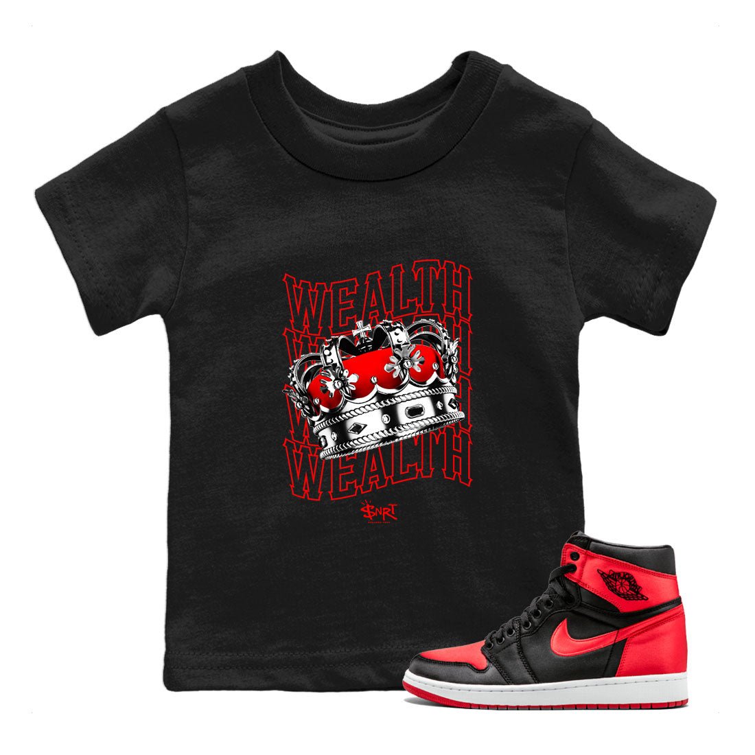 Air Jordan 1 Retro High OG Satin Bred shirt to match jordans Wealth sneaker release tees Air Jordan 1 Satin Bred SNRT Sneaker Tees Baby Toddler Black 1 T-Shirt