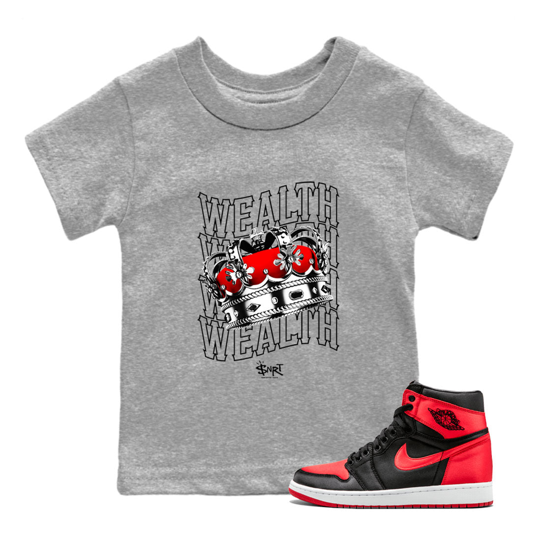 Air Jordan 1 Retro High OG Satin Bred shirt to match jordans Wealth sneaker release tees Air Jordan 1 Satin Bred SNRT Sneaker Tees Baby Toddler Heather Grey 1 T-Shirt