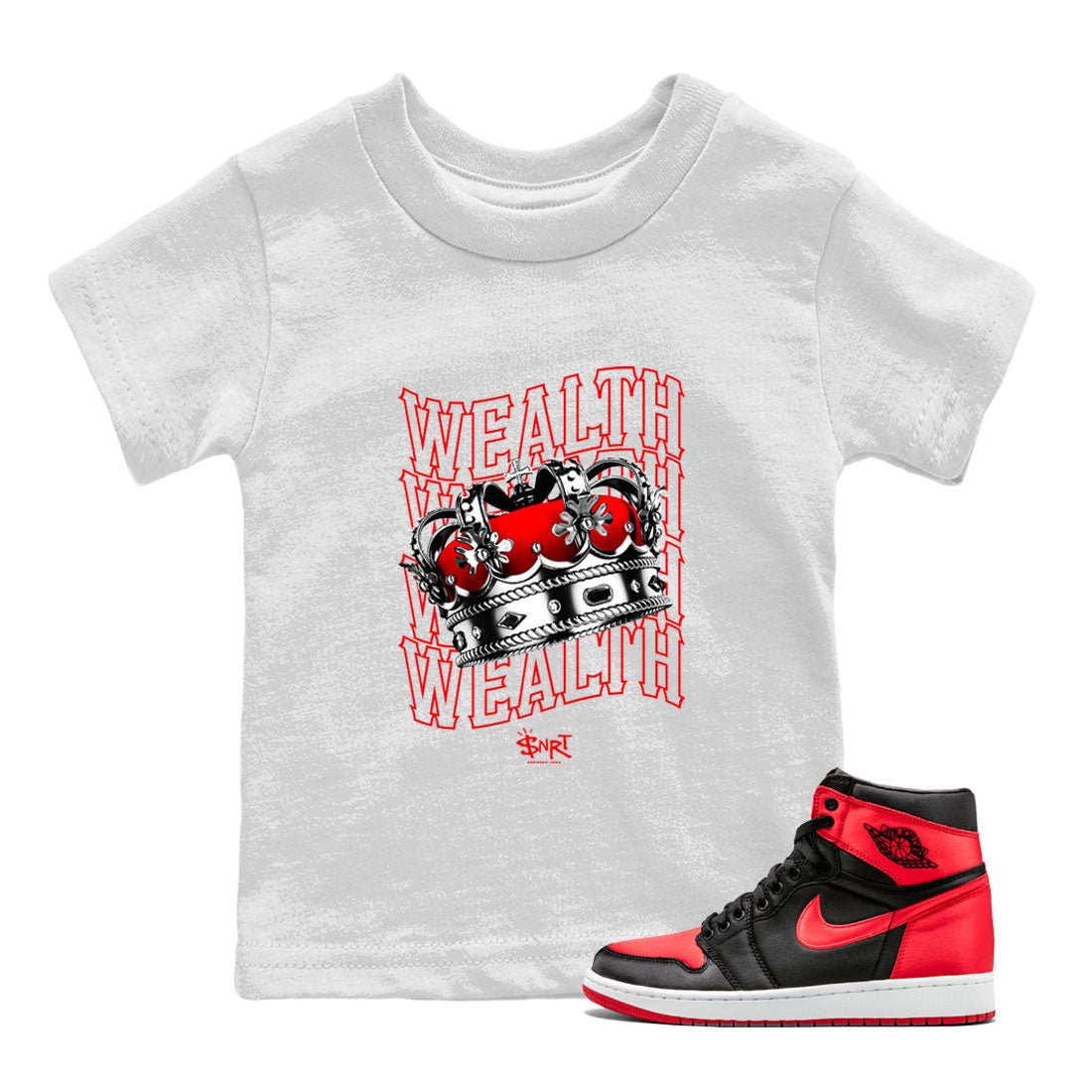 Air Jordan 1 Retro High OG Satin Bred shirt to match jordans Wealth sneaker release tees Air Jordan 1 Satin Bred SNRT Sneaker Tees Baby Toddler White 1 T-Shirt