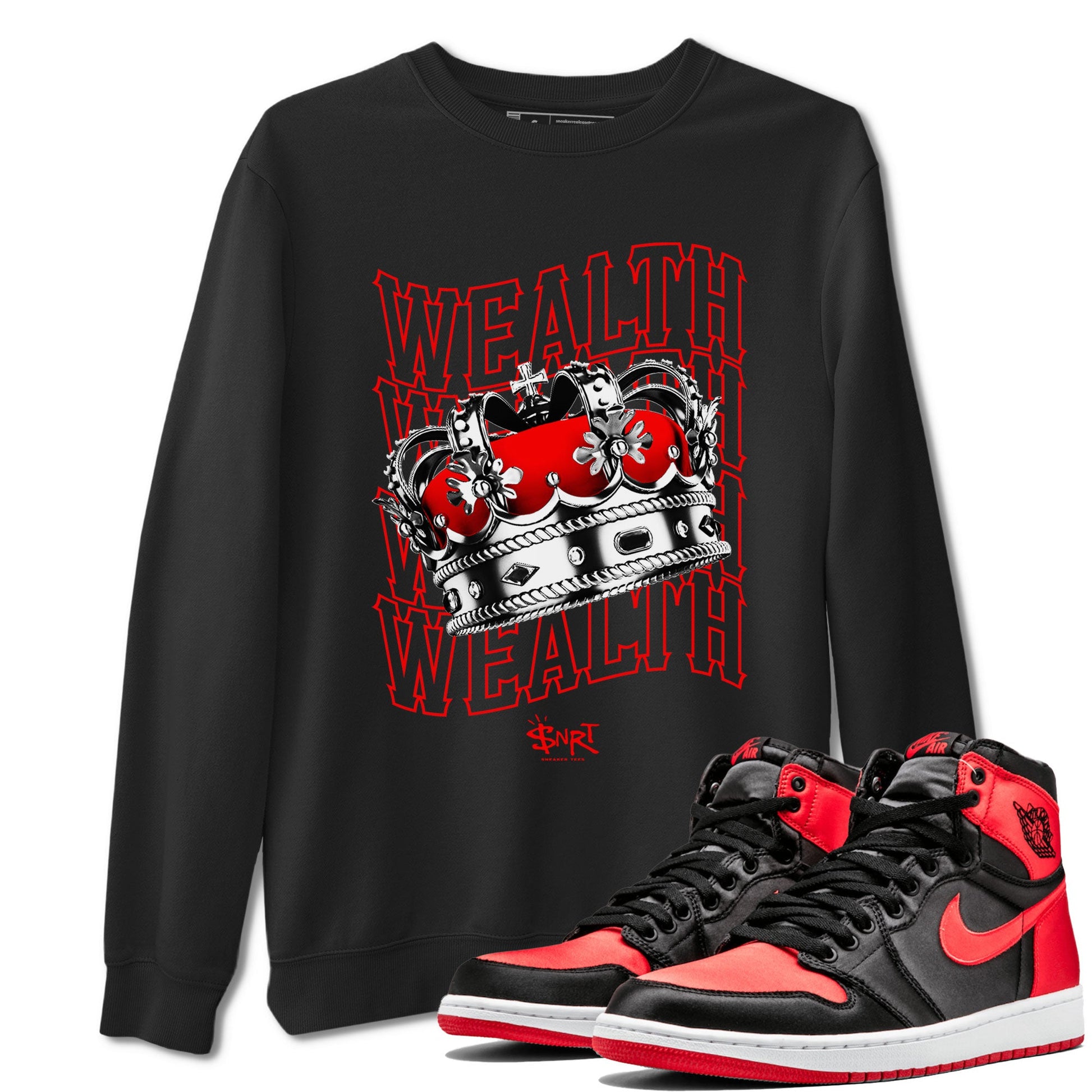 Air Jordan 1 Retro High OG Satin Bred shirt to match jordans Wealth sneaker release tees Air Jordan 1 Satin Bred SNRT Sneaker Tees Unisex Streetwear Clothing Black 1 T-Shirt