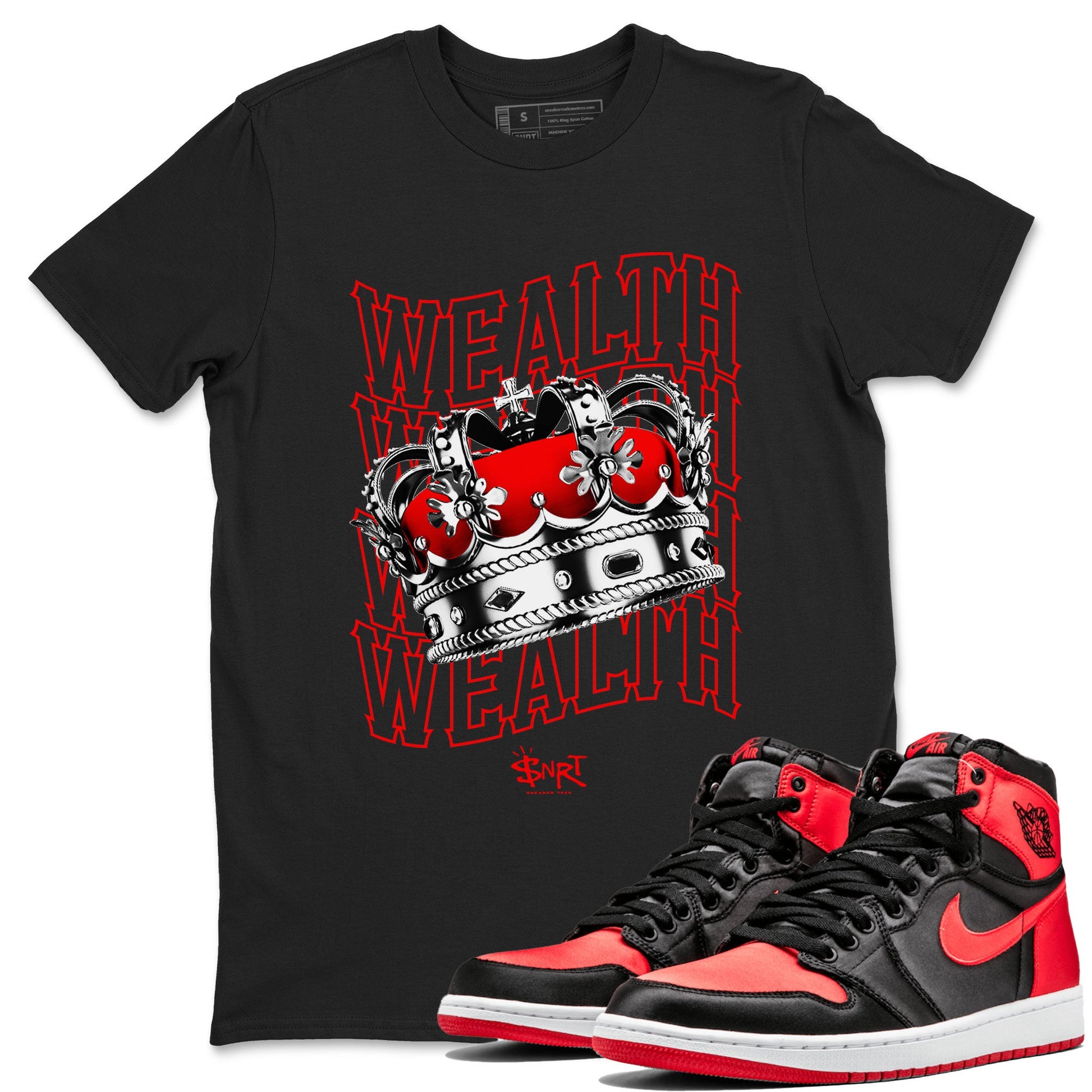 Air Jordan 1 Retro High OG Satin Bred shirt to match jordans Wealth sneaker release tees Air Jordan 1 Satin Bred SNRT Sneaker Tees Unisex Streetwear Clothing Black 1 T-Shirt
