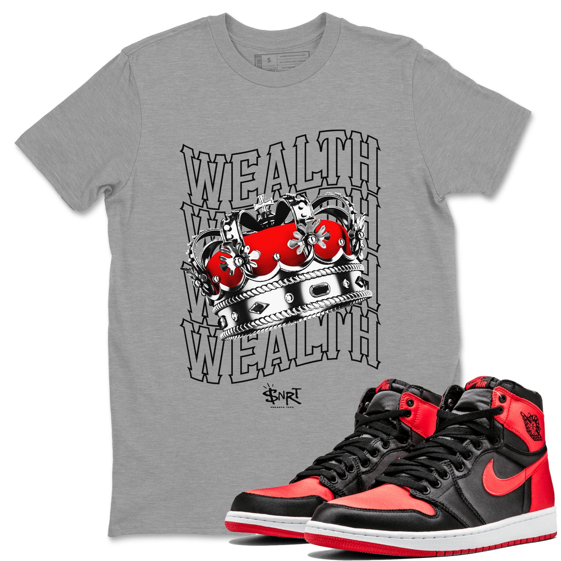 Air Jordan 1 Retro High OG Satin Bred shirt to match jordans Wealth sneaker release tees Air Jordan 1 Satin Bred SNRT Sneaker Tees Unisex Streetwear Clothing Heather Grey 1 T-Shirt