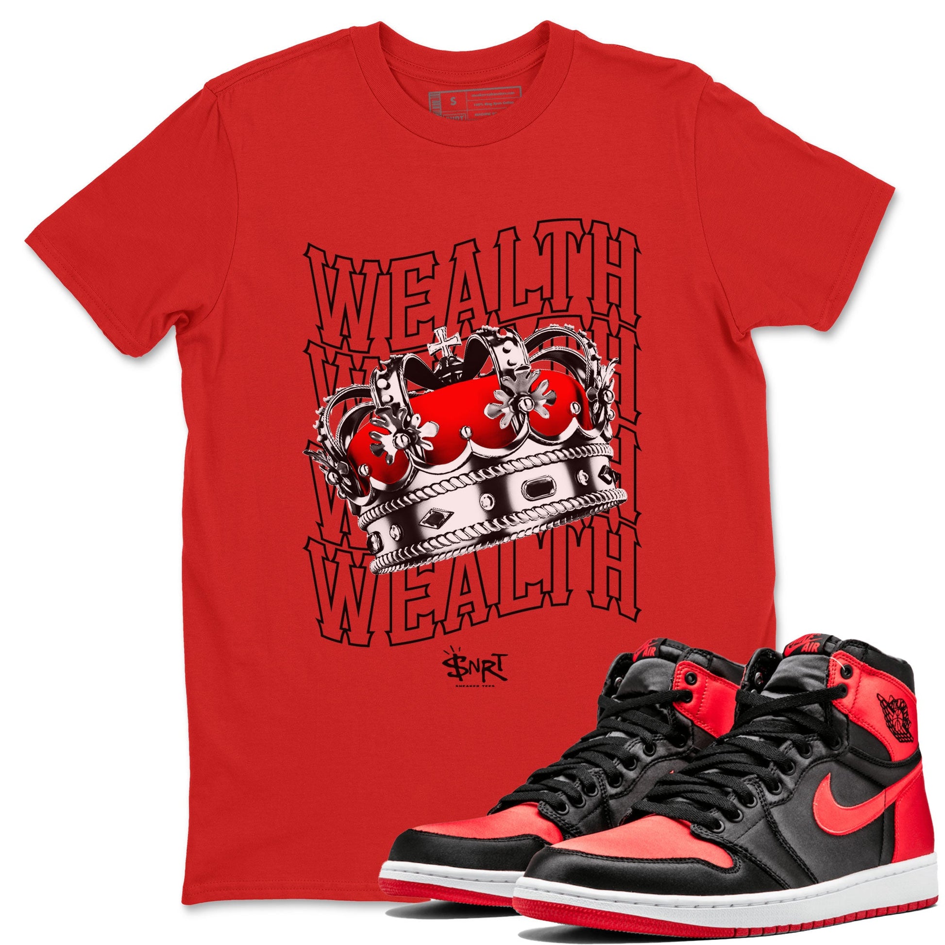 Air Jordan 1 Retro High OG Satin Bred shirt to match jordans Wealth sneaker release tees Air Jordan 1 Satin Bred SNRT Sneaker Tees Unisex Streetwear Clothing Red 1 T-Shirt