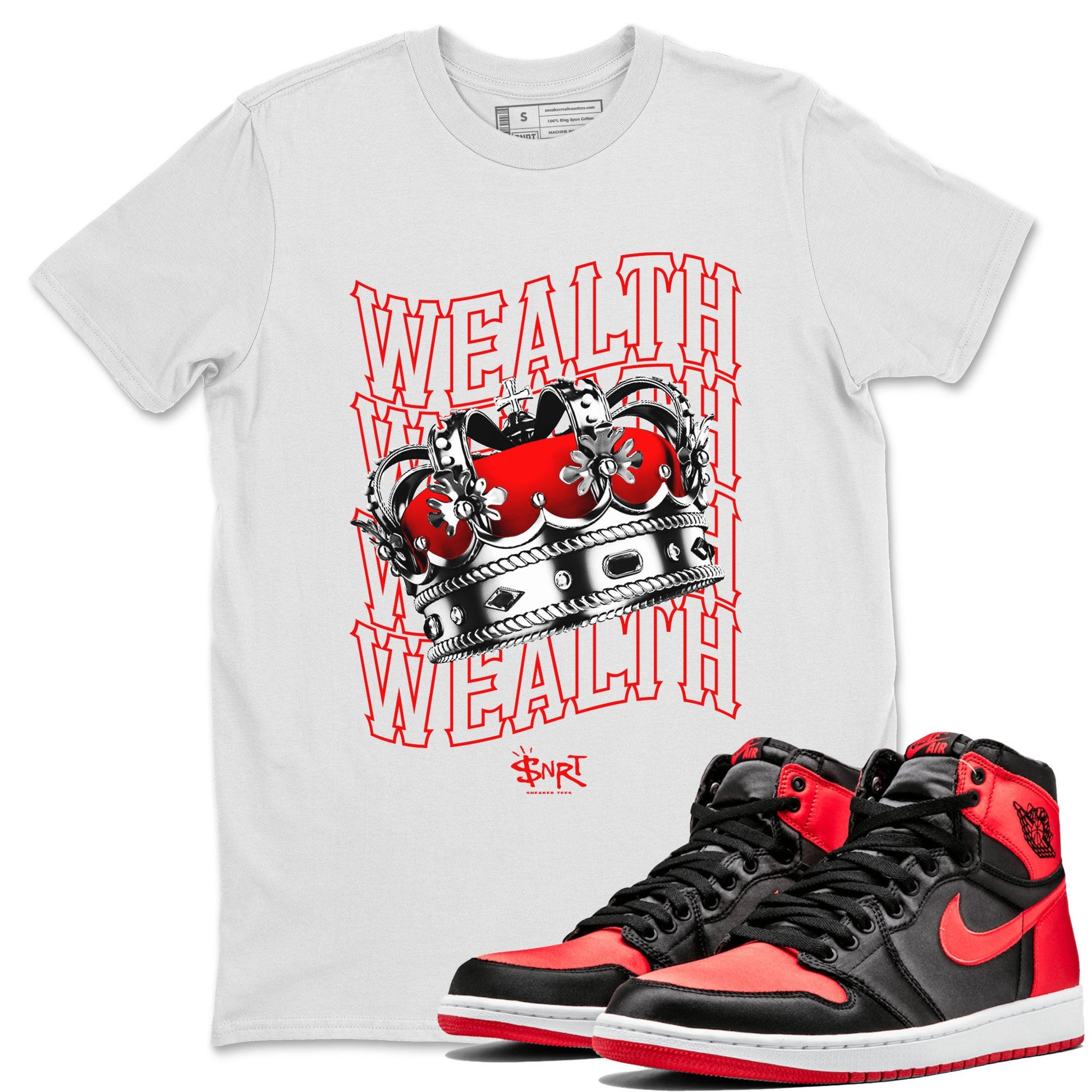 Air Jordan 1 Retro High OG Satin Bred shirt to match jordans Wealth sneaker release tees Air Jordan 1 Satin Bred SNRT Sneaker Tees Unisex Streetwear Clothing White 1 T-Shirt