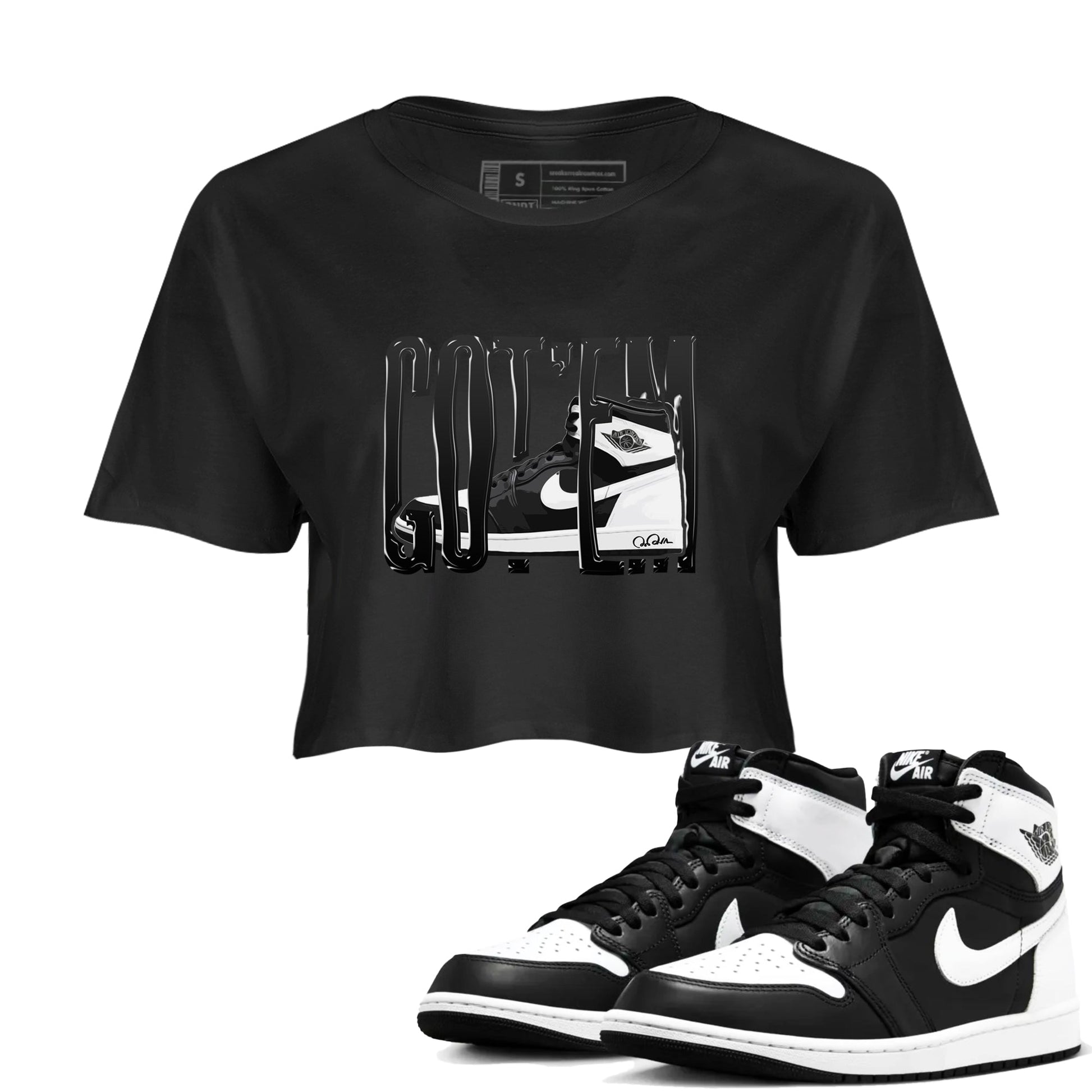 1s Black White shirt to match jordans Wiggling Gotem sneaker tees Air Jordan 1 High OG Black White SNRT Sneaker Release Tees Black 1 crop length shirt