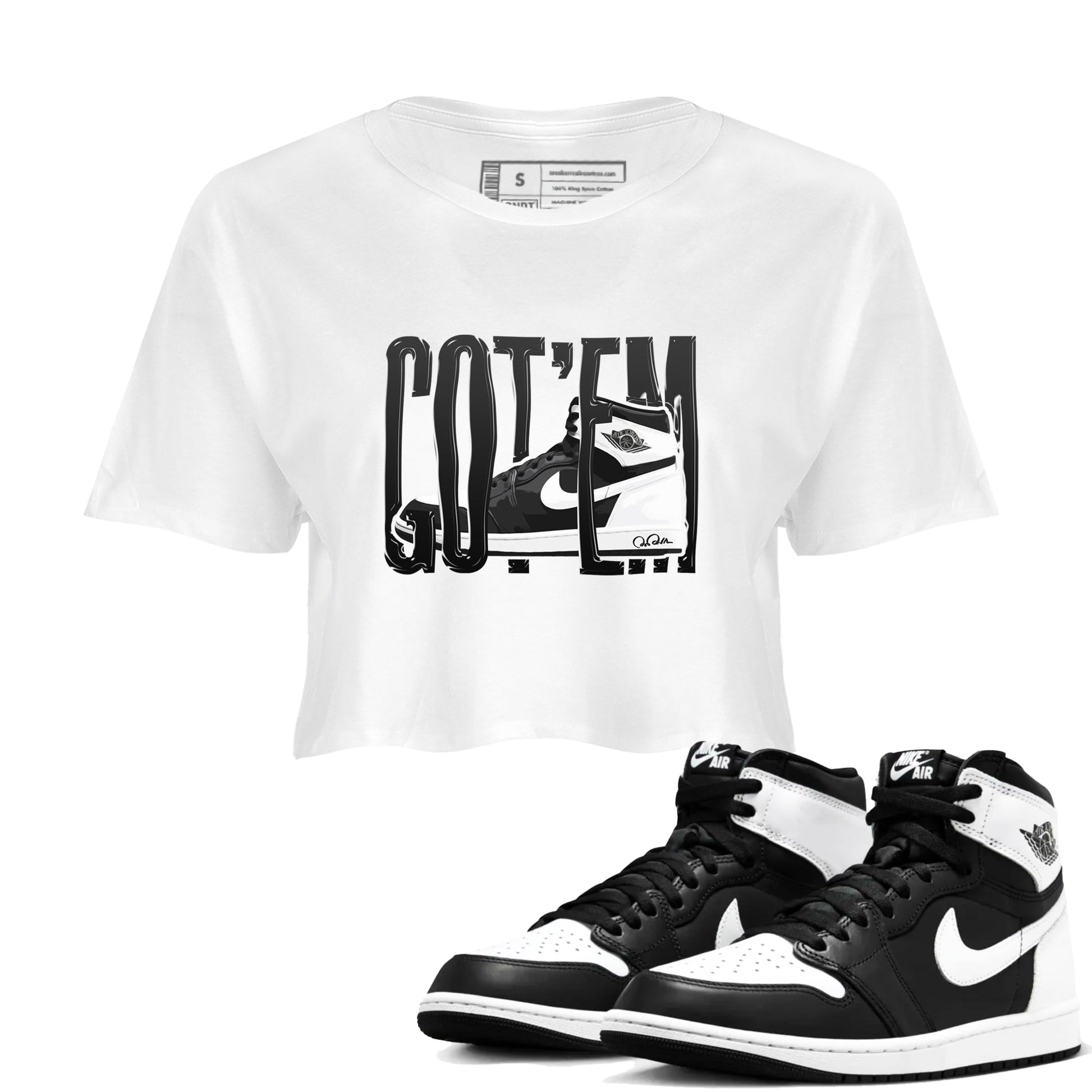 1s Black White shirt to match jordans Wiggling Gotem sneaker tees Air Jordan 1 High OG Black White SNRT Sneaker Release Tees White 1 crop length shirt