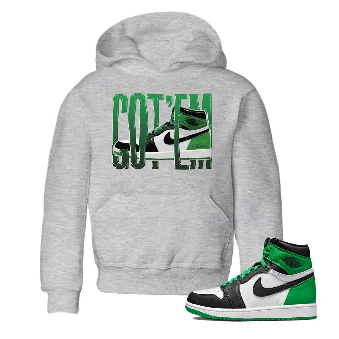 Air Jordan 1 Celtics Sneaker Match Tees Wiggling Gotem Sneaker Tees AJ1 High OG Lucky Green Sneaker Release Tees Kids Shirts Heather Grey 1