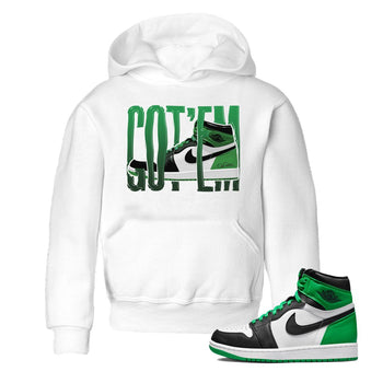 Air Jordan 1 Celtics Sneaker Match Tees Wiggling Gotem Sneaker Tees AJ1 High OG Lucky Green Sneaker Release Tees Kids Shirts White 1