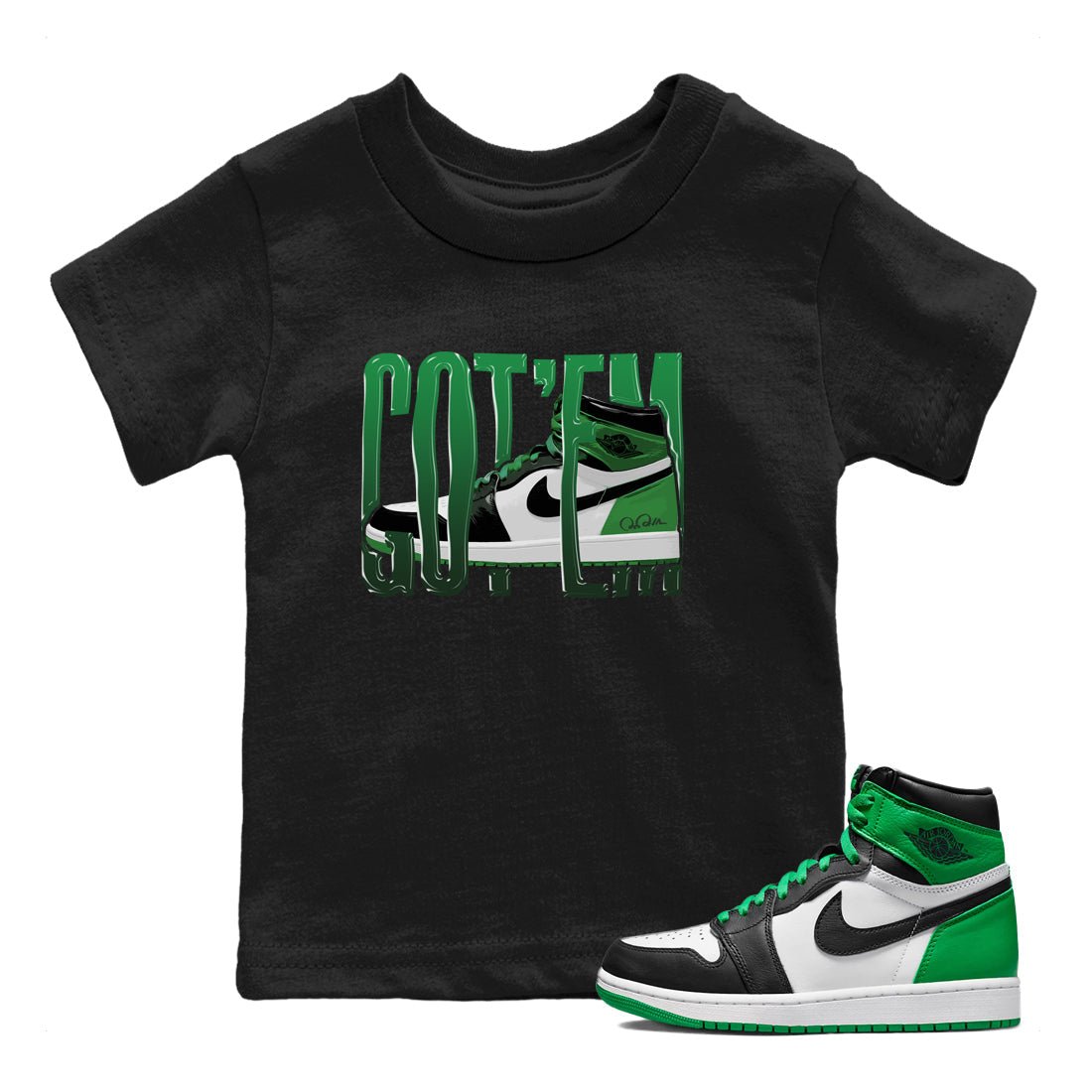 Air Jordan 1 Celtics Sneaker Match Tees Wiggling Gotem Sneaker Tees AJ1 High OG Lucky Green Sneaker Release Tees Kids Shirts Black 1