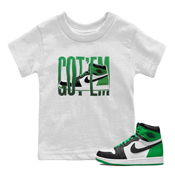 Air Jordan 1 Celtics Sneaker Match Tees Wiggling Gotem Sneaker Tees AJ1 High OG Lucky Green Sneaker Release Tees Kids Shirts White 1
