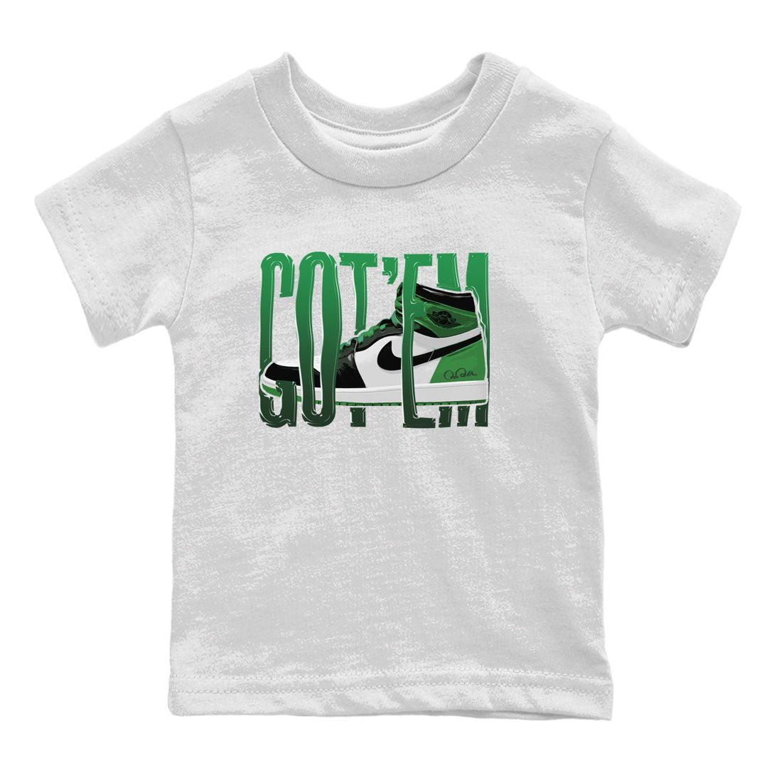 Air Jordan 1 Celtics Sneaker Match Tees Wiggling Gotem Sneaker Tees AJ1 High OG Lucky Green Sneaker Release Tees Kids Shirts White 2