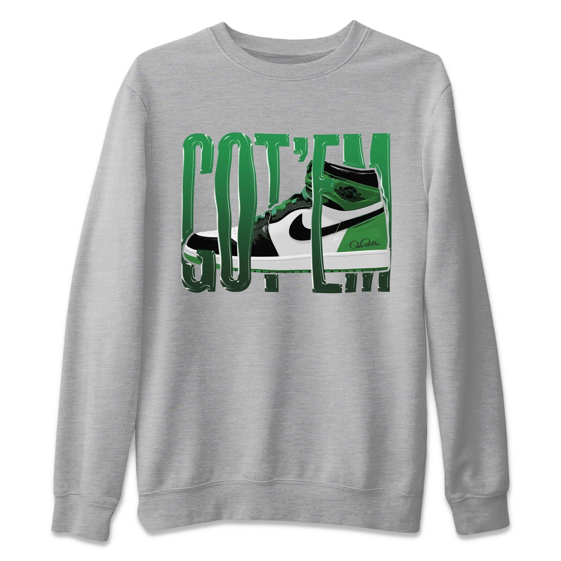 Air Jordan 1 Celtics Sneaker Match Tees Wiggling Gotem Sneaker Tees AJ1 High OG Lucky Green Sneaker Release Tees Unisex Shirts Heather Grey 2
