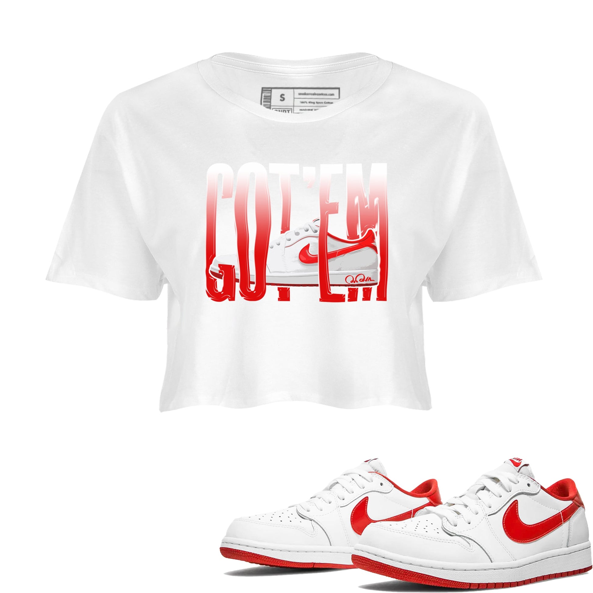 Jordan 1 Low University Red shirt to match jordans Wiggling Gotem sneakertees AJ1 Low University Red SNRT Sneaker Release Tees White 1 Crop T-Shirt
