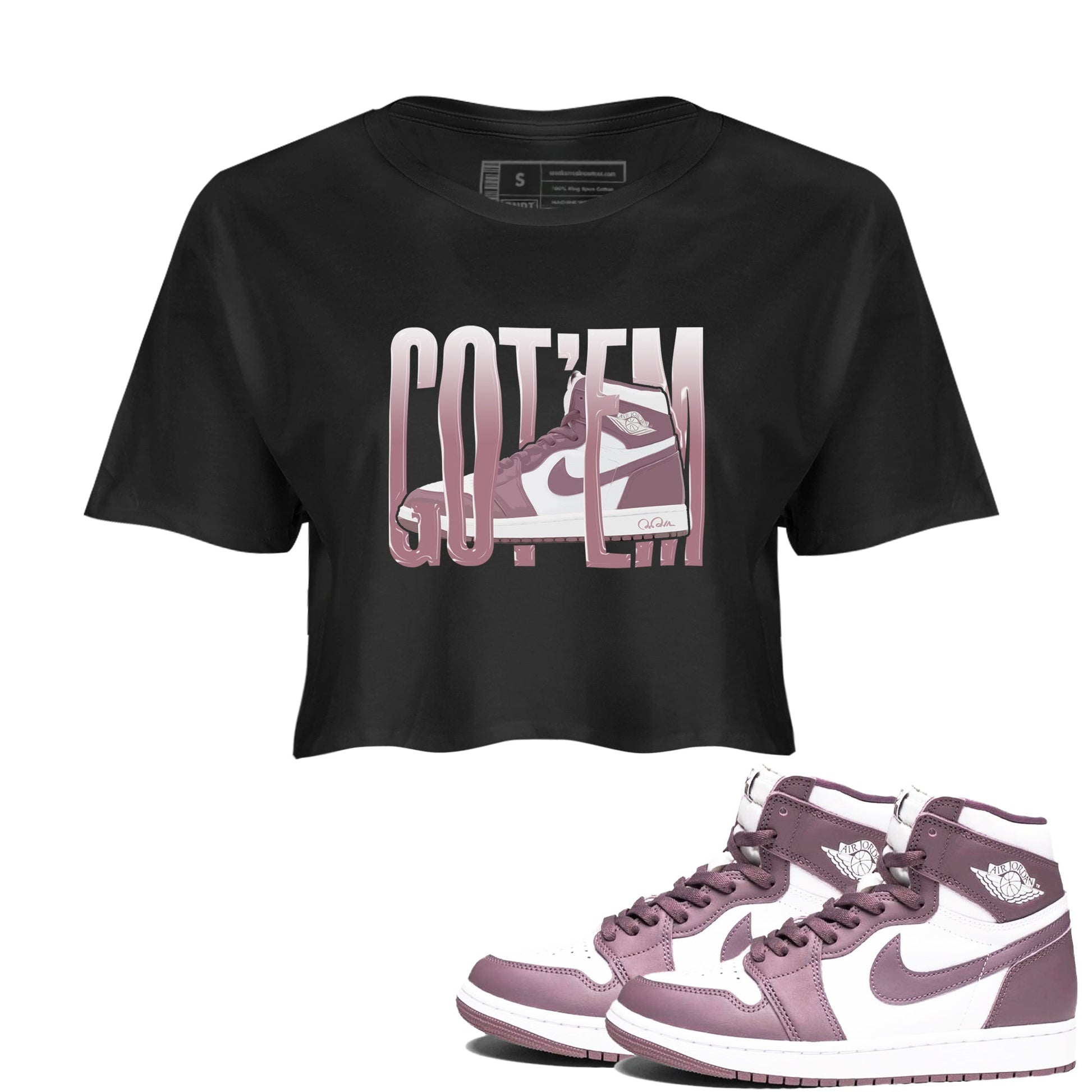 Air Jordan 1 Mauve shirt to match jordans Wiggling Gotem sneaker tees AJ1Mauve SNRT Sneaker Release Tees Black 1 Crop T-Shirt
